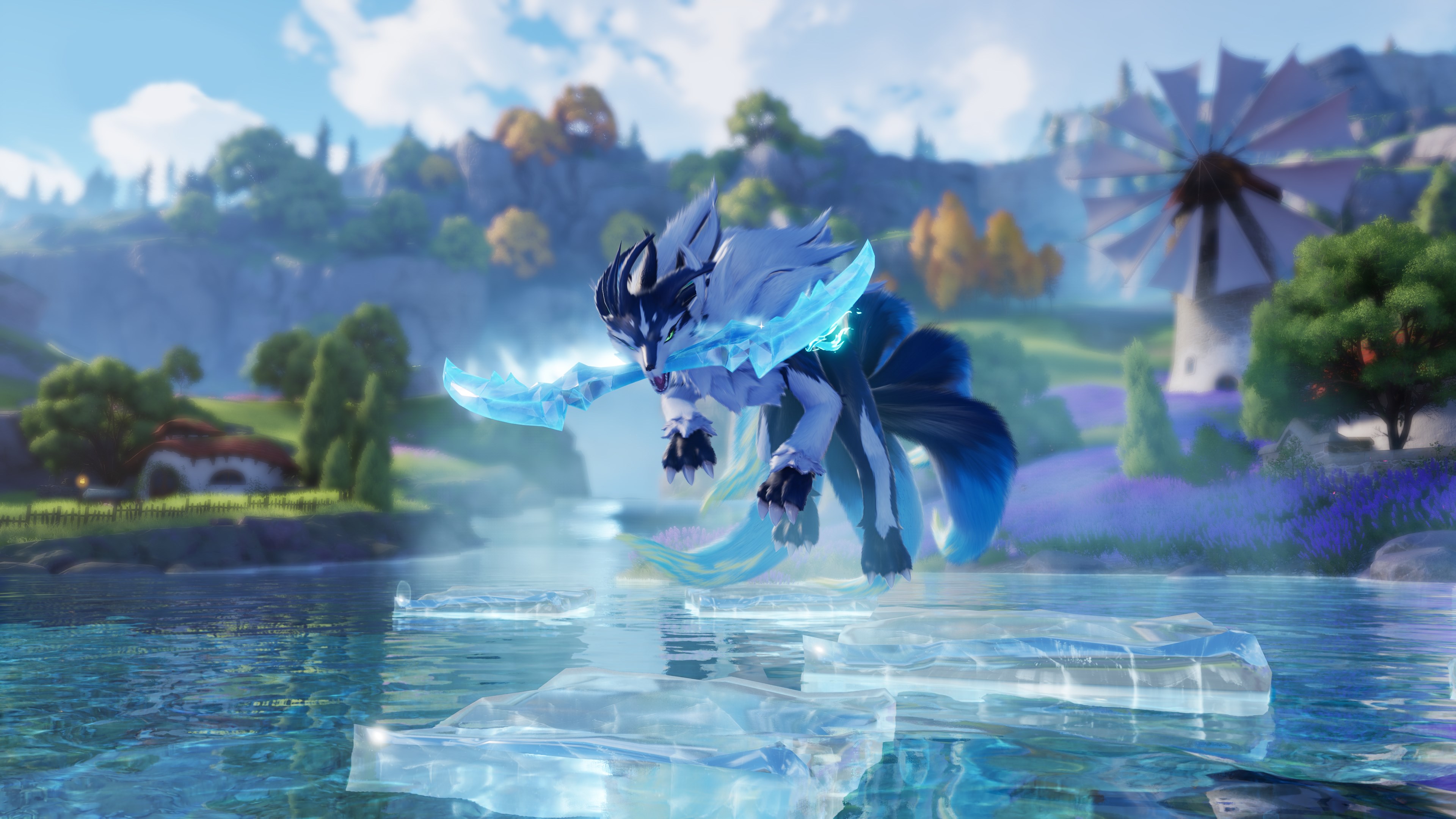 A blue winged Aniimo standing on a sheet of ice across a lake, with a village on the far shore