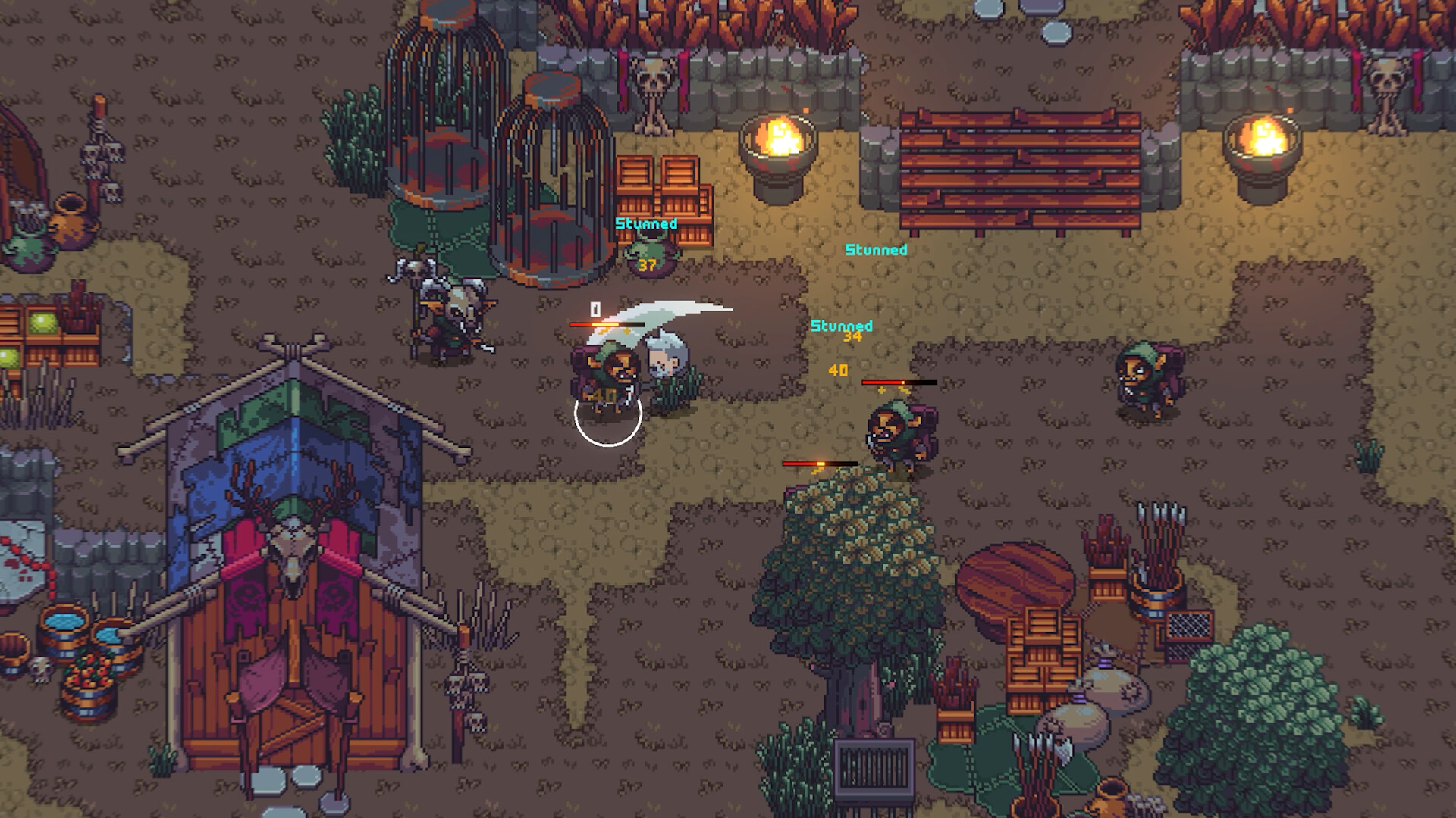Combat against several enemies in a camp, with stunned status labels and damage numbers