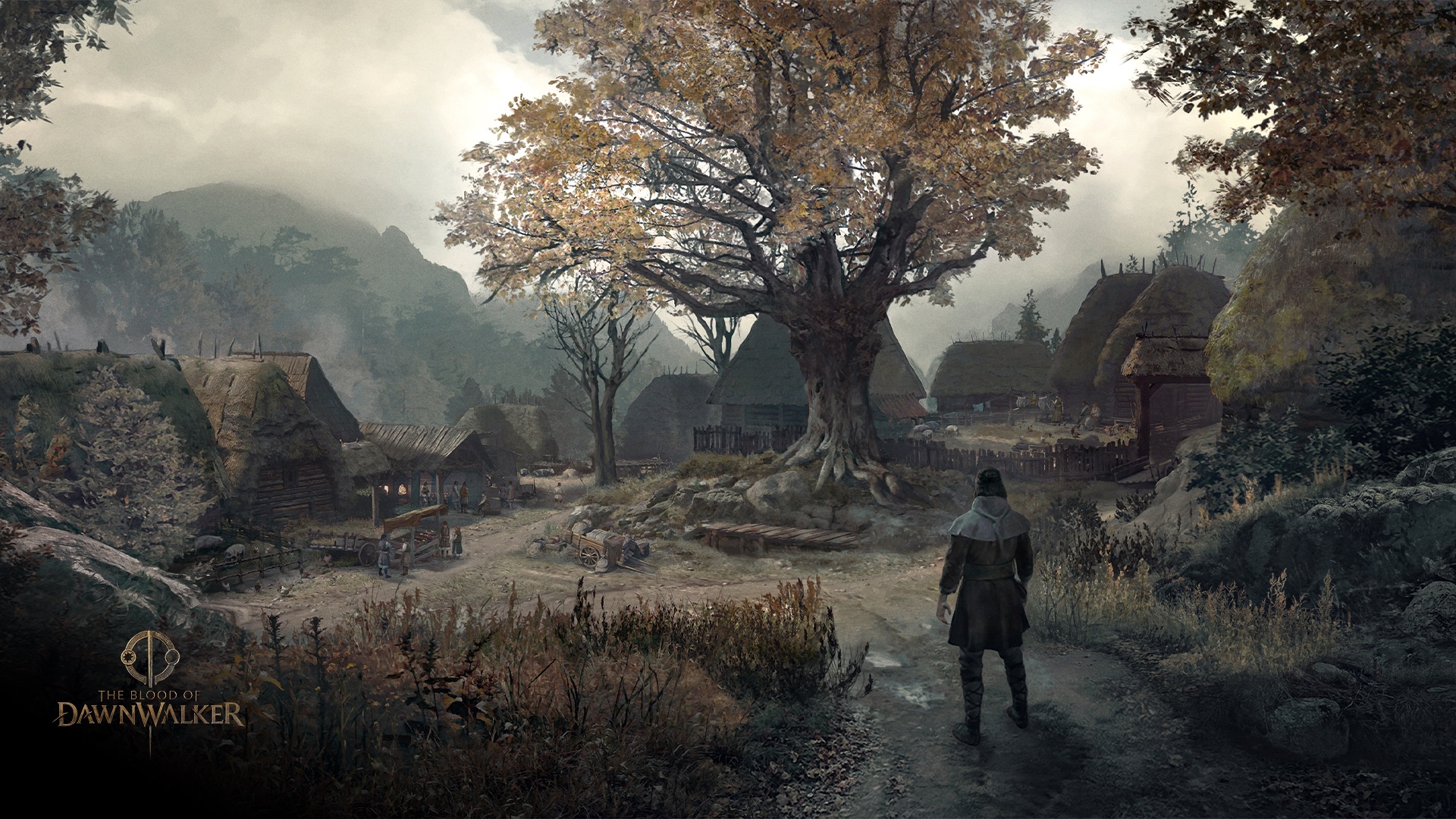 Concept art of Laslea: thatched cottages around a great autumn tree beneath misty hills, with a lone figure on the village path