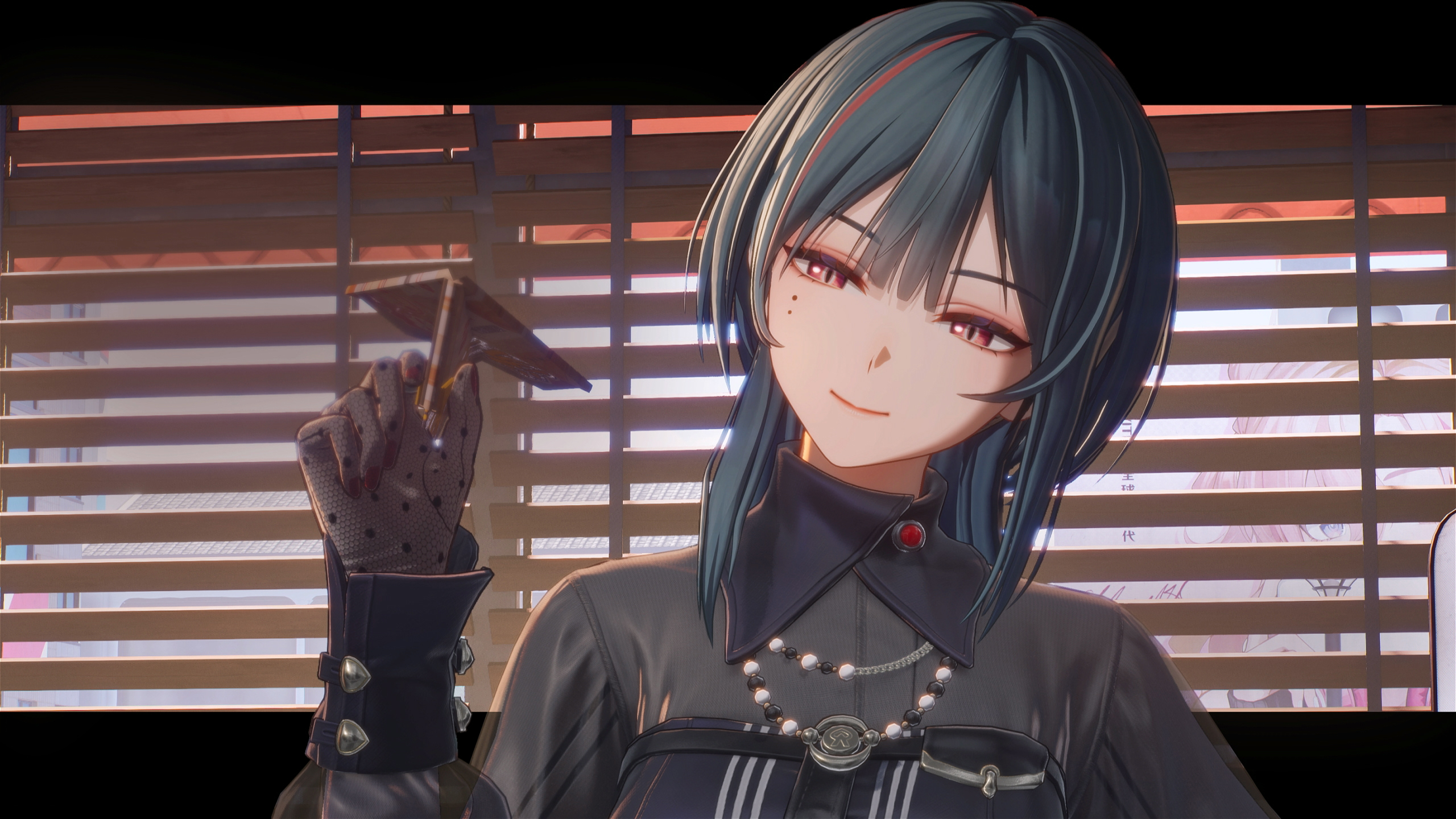 Official character art of Shi Ye, holding a card between gloved fingers in front of window blinds