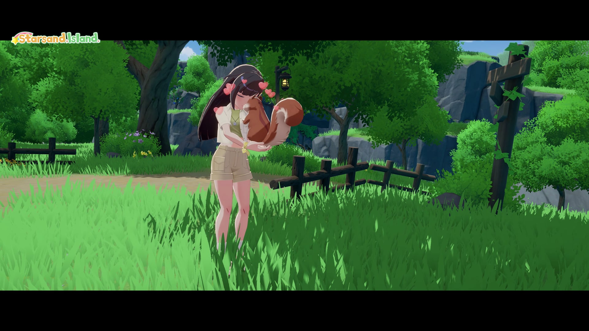 Player character holding and hugging a squirrel pet outdoors near the ranch