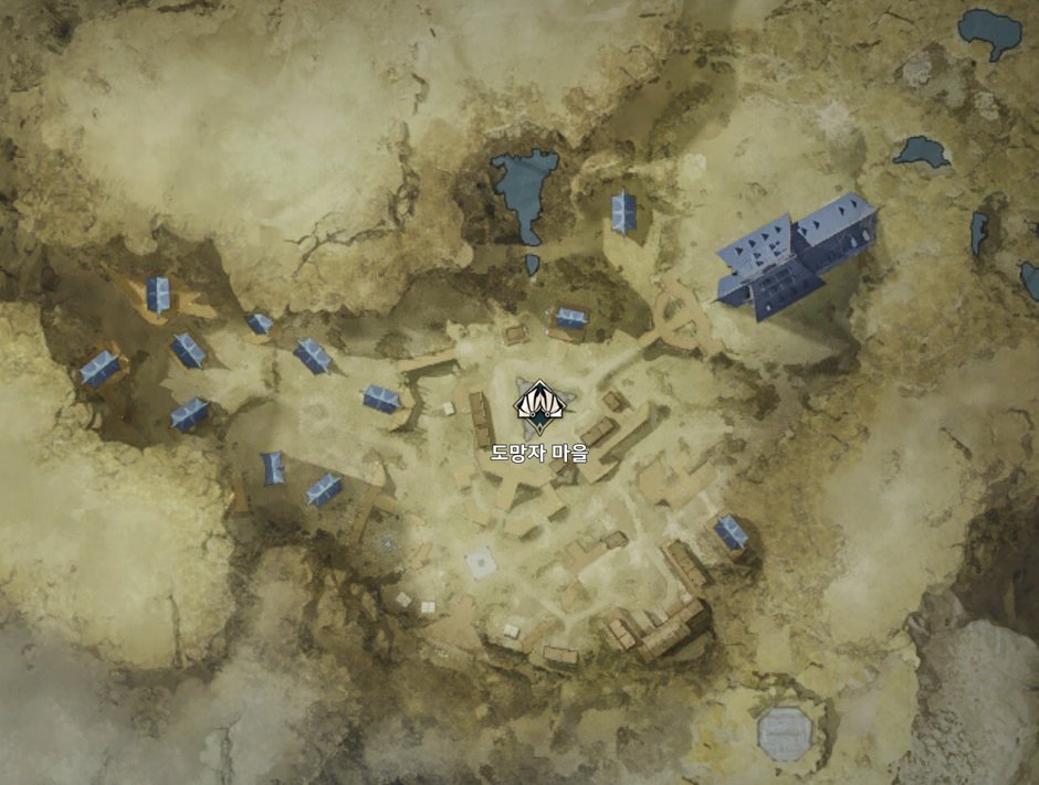 Map close up of Safe Haven, a village of tents and buildings around a central square, in Korean