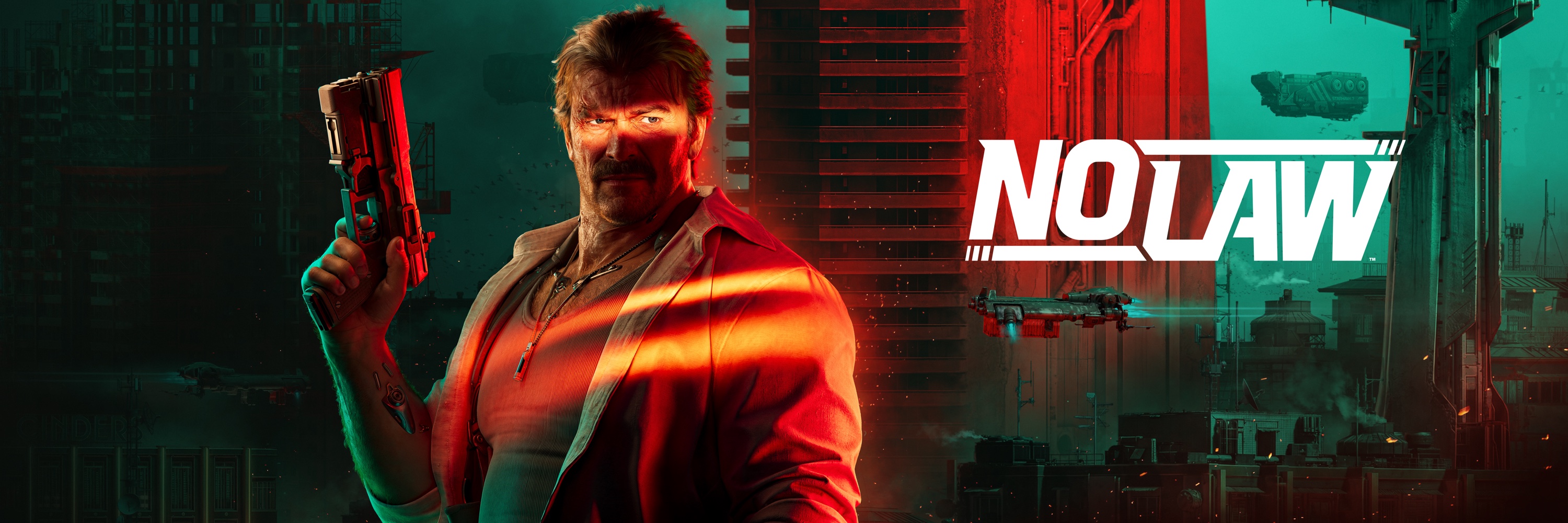 Official NO LAW key art: Grey Harker, a moustached man in an open rust-red shirt, holding a custom pistol upright beside his head against the red and teal towers, cranes and hovering aircraft of Port Desire