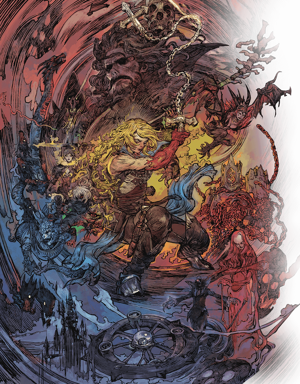 Illustrated key visual of Rose Belmont mid-swing with her cursed arm, ringed by the monsters and castle of the game