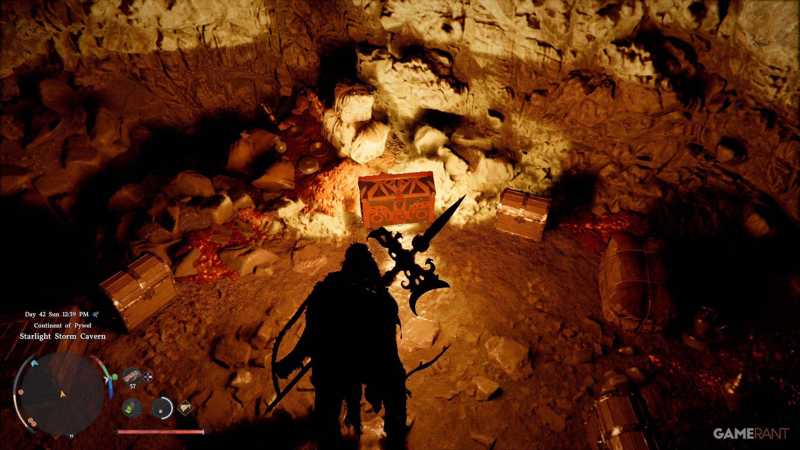 Inside a waterfall cave in Crimson Desert showing treasure chests and hidden loot