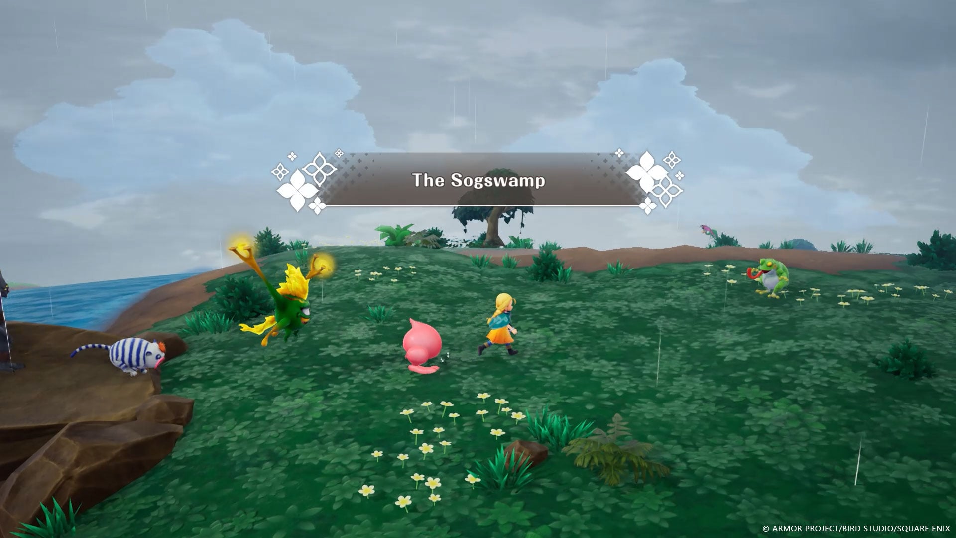 An area entry banner reading The Sogswamp over a rainy green clifftop meadow above open water, with a protagonist running past four field monsters