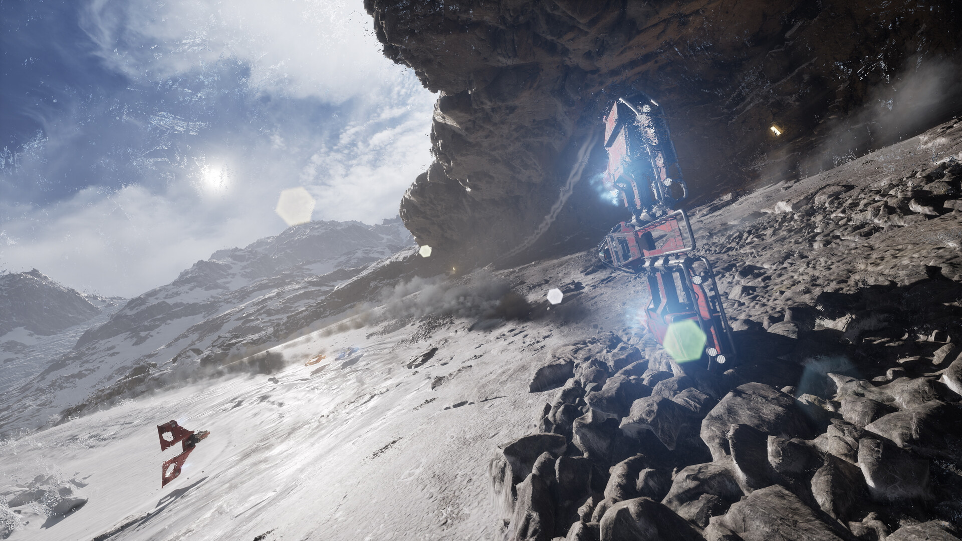 Red repulsorcraft cutting a rocky snow slope beneath an overhanging boulder on Ando Prime