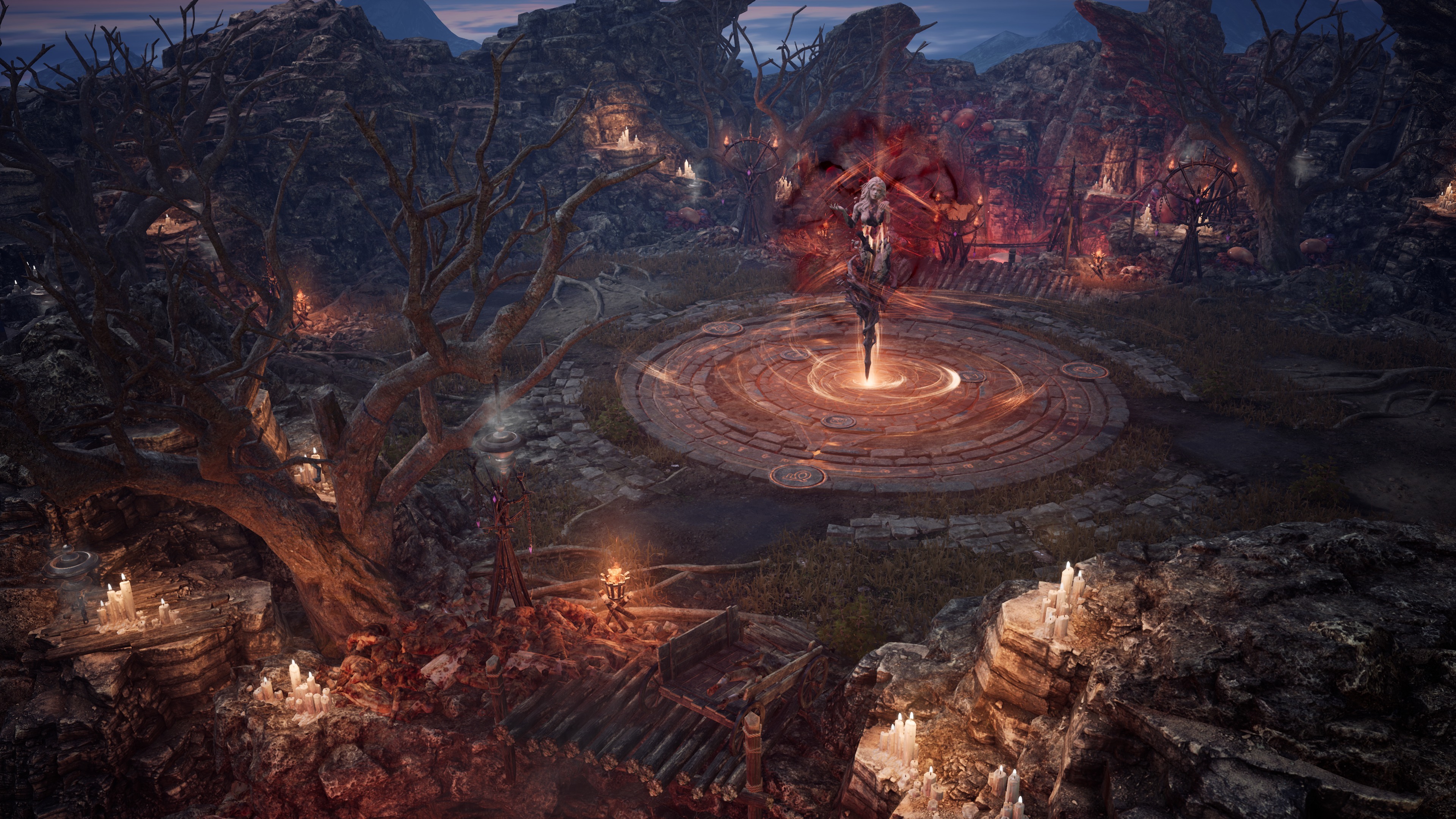 Saltern Harbor map preview for Embers of the Uncrowned: a figure standing on a glowing circular ritual platform among salt-crusted rocks and candles at dusk