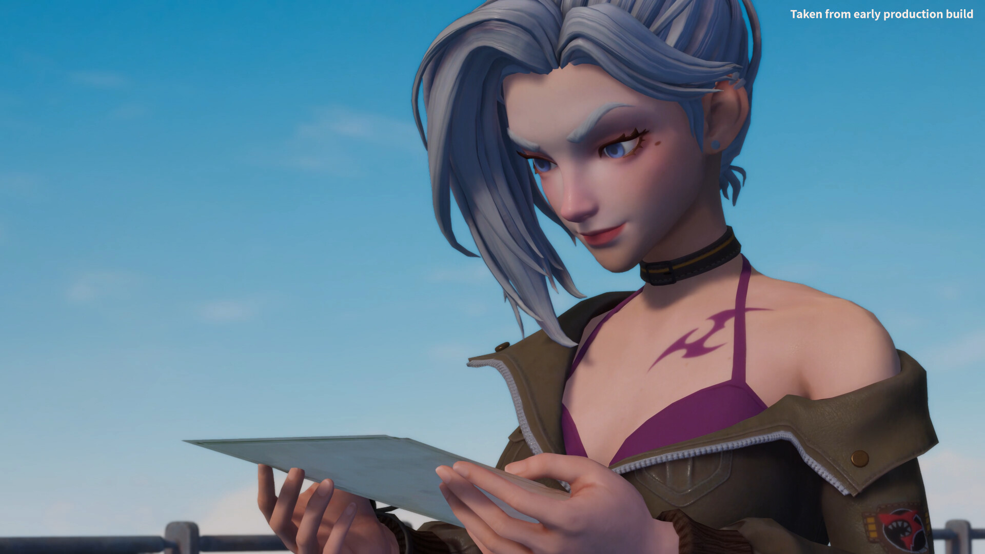 Close-up of a silver-haired character in a brown leather jacket over a magenta top, with a flame-shaped tattoo on her chest, looking down at a flat metallic sheet held in both hands, from an early production build of My Time at Evershine