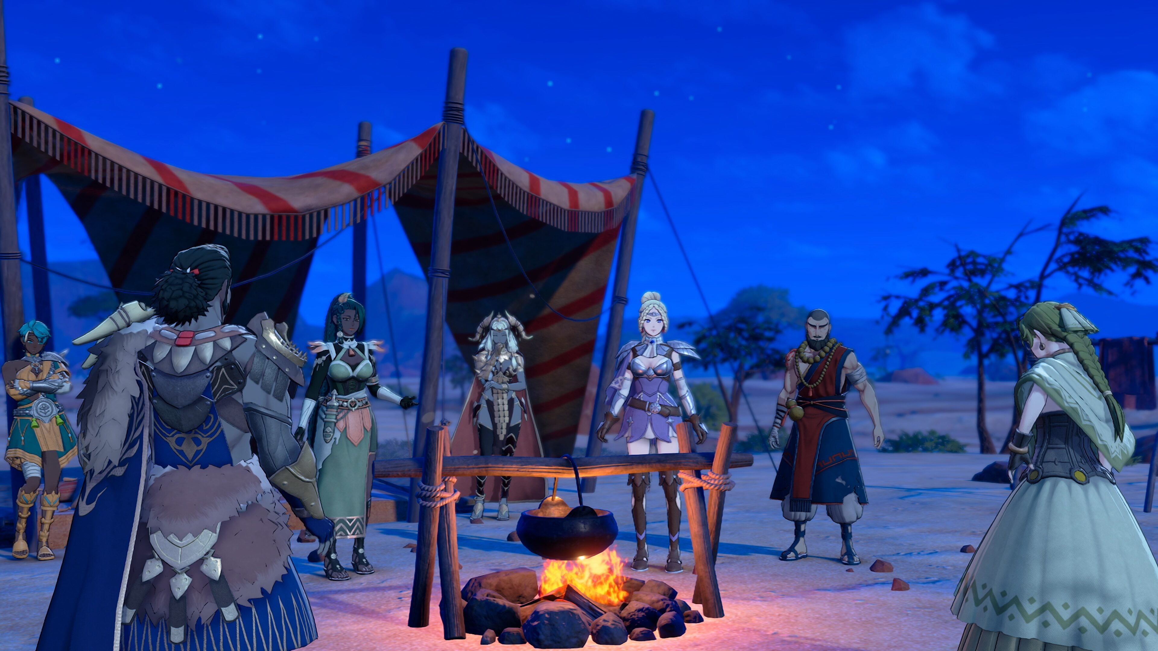 A group of characters gathered around a cooking fire at a night camp under a striped awning