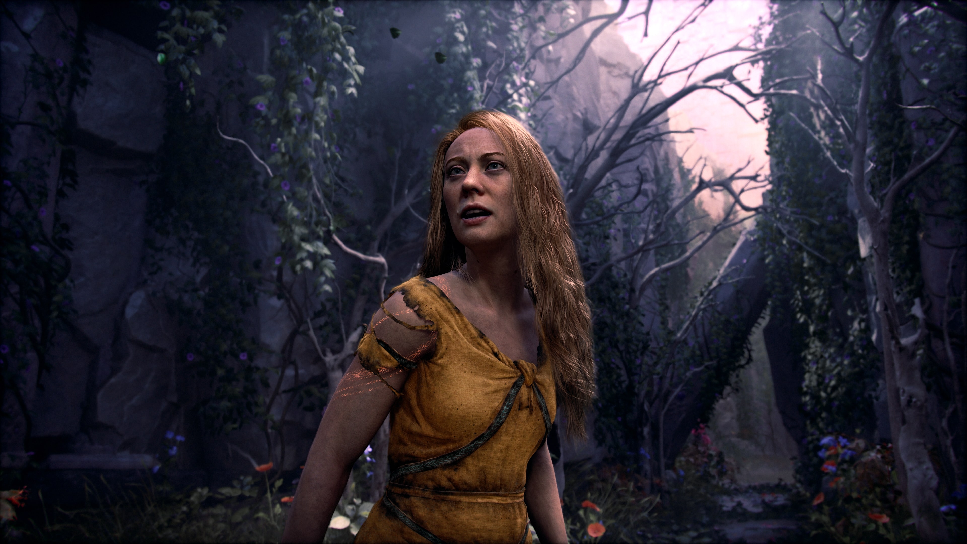 Faye in her funeral dress waking in an overgrown ravine in the Everywhen