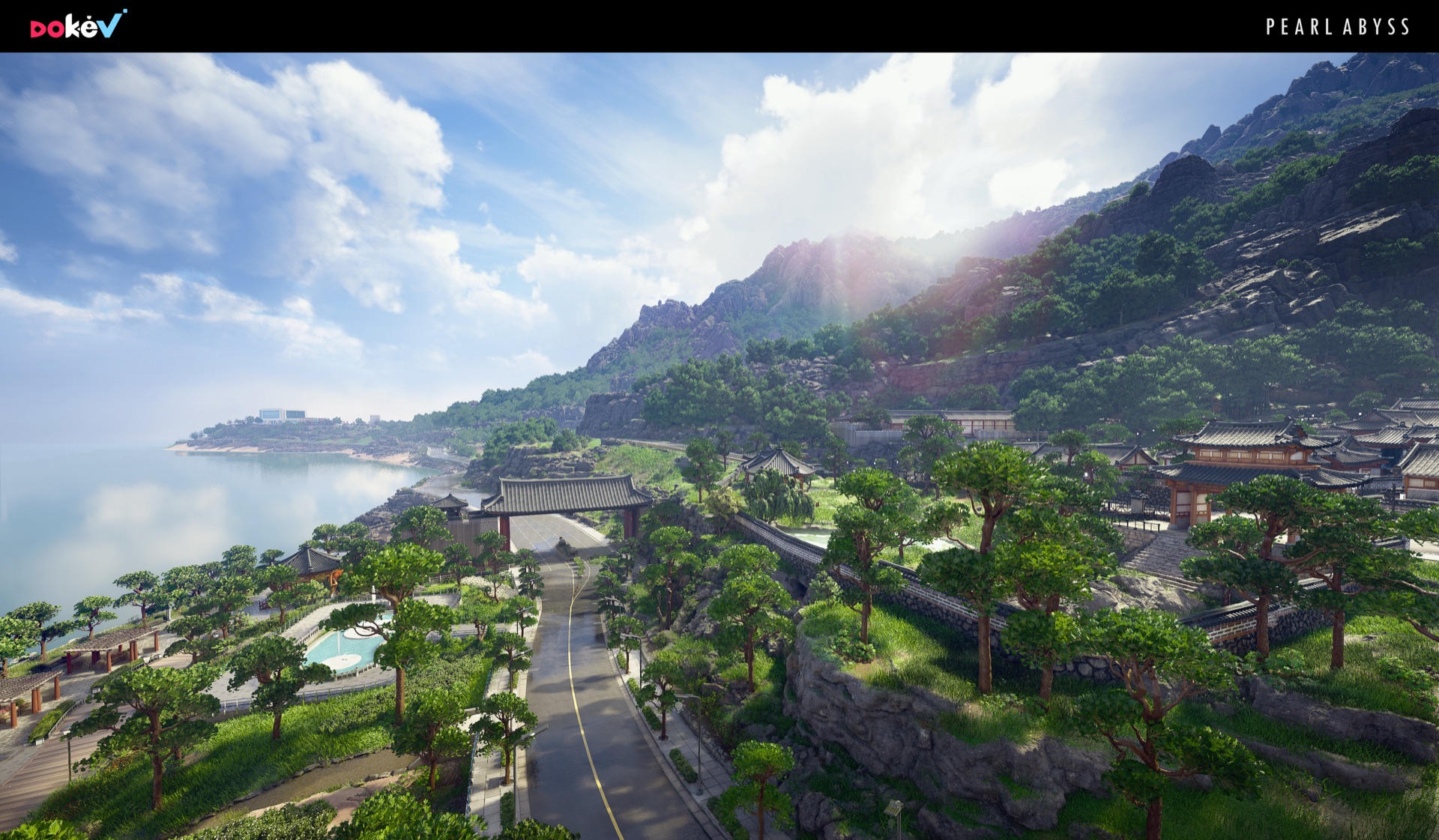 Official DokeV screenshot of a coastal road winding past traditional tiled-roof buildings below forested cliffs