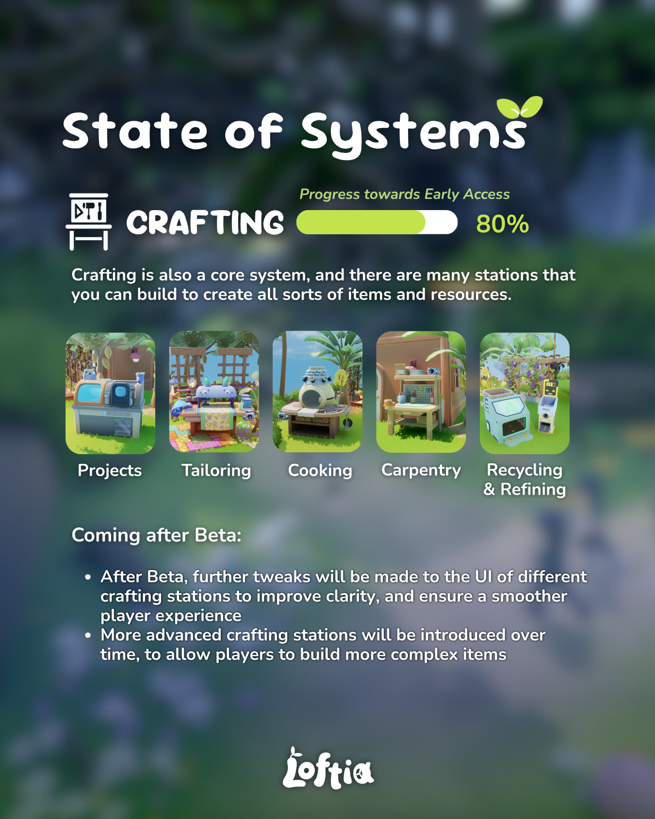 Crafting station categories and development plans for the April 2026 closed beta.