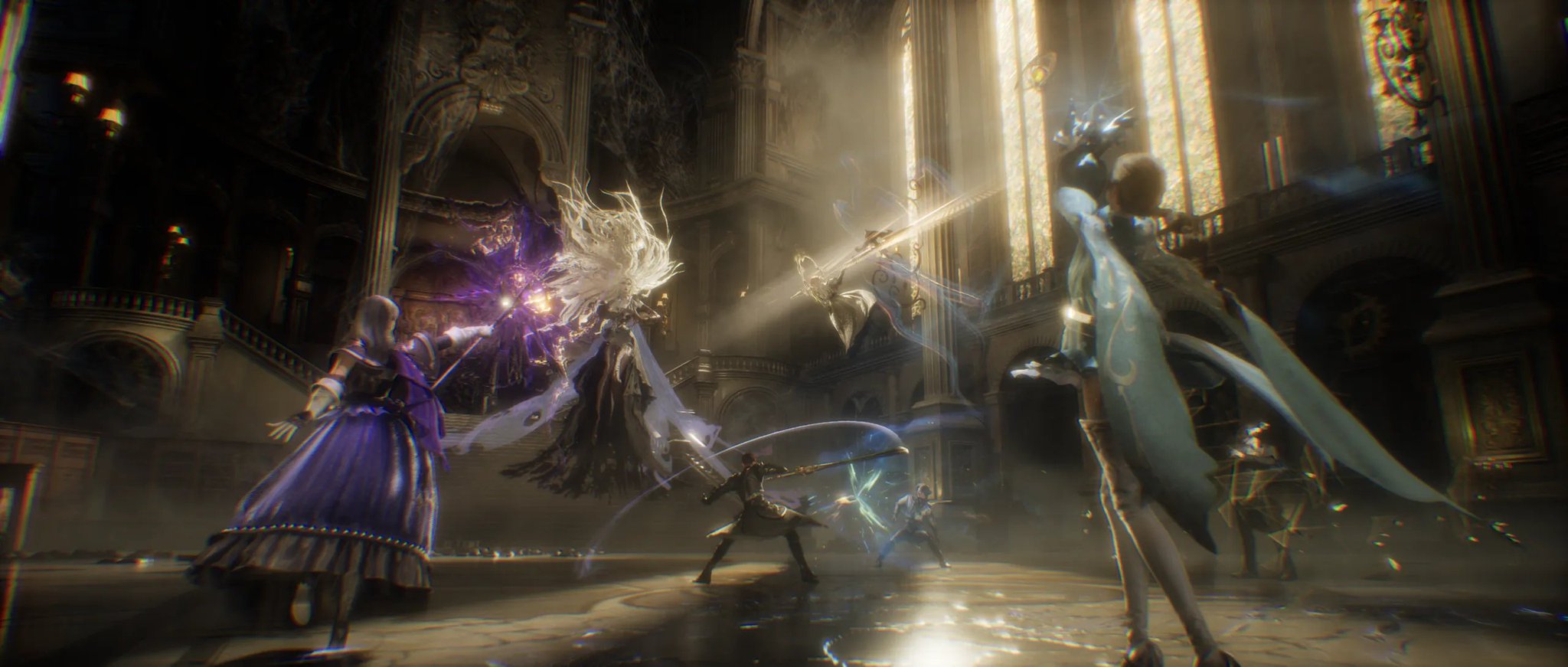 Official Lord of Mysteries in-game scene of a party of Beyonders confronting a high-Sequence specter inside a stained-glass cathedral