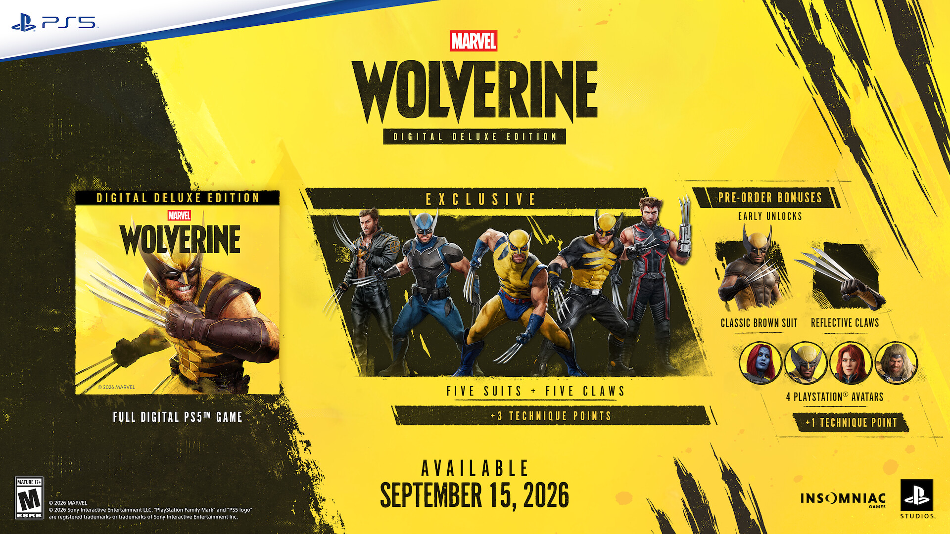 Digital Deluxe Edition contents board showing the five exclusive suits, five claws, three additional Technique Points and the pre-order column with the Classic Brown Suit, Reflective Claws and four avatars