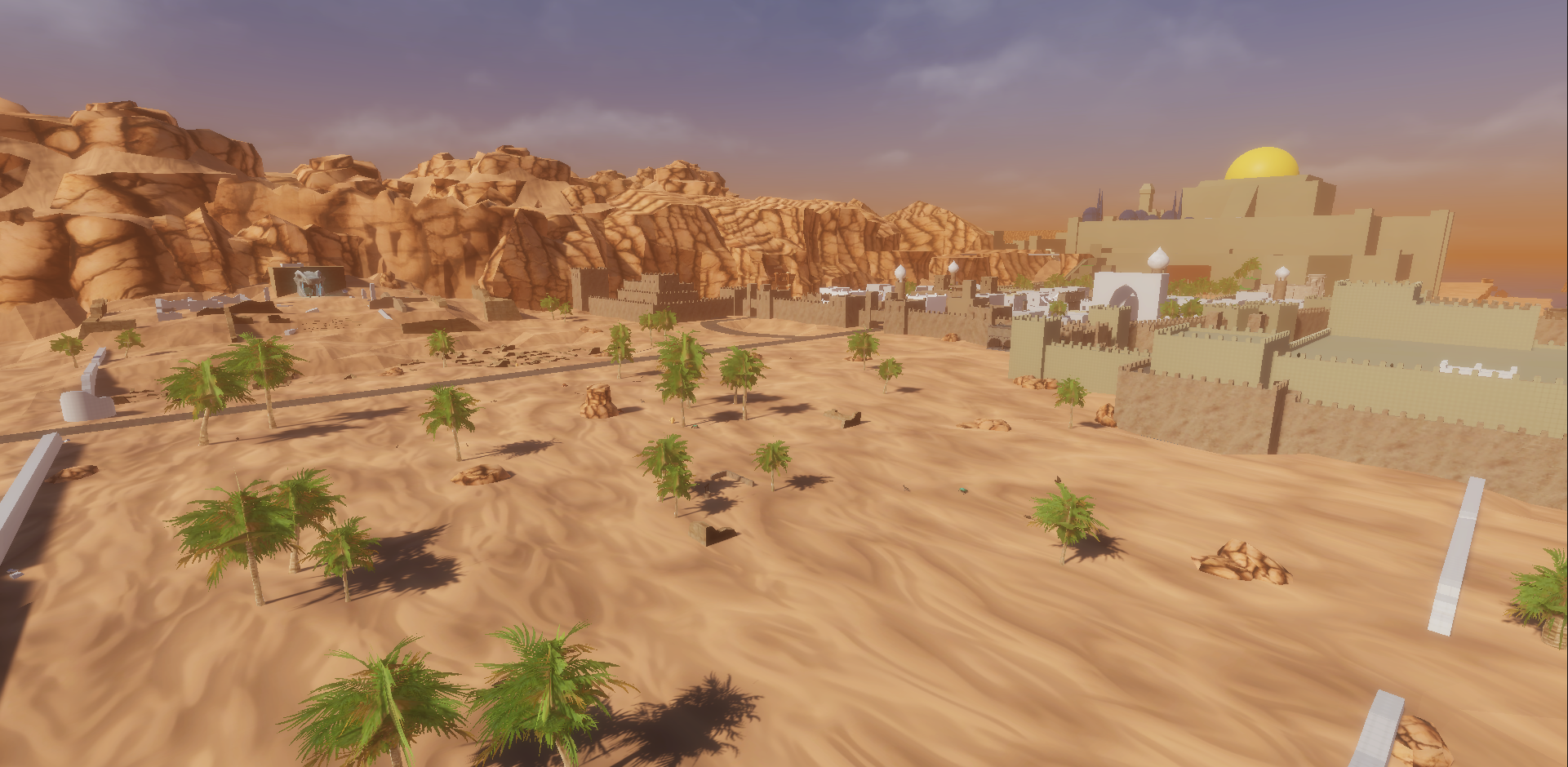 In development overhead view of a desert starting settlement with palms and a domed building