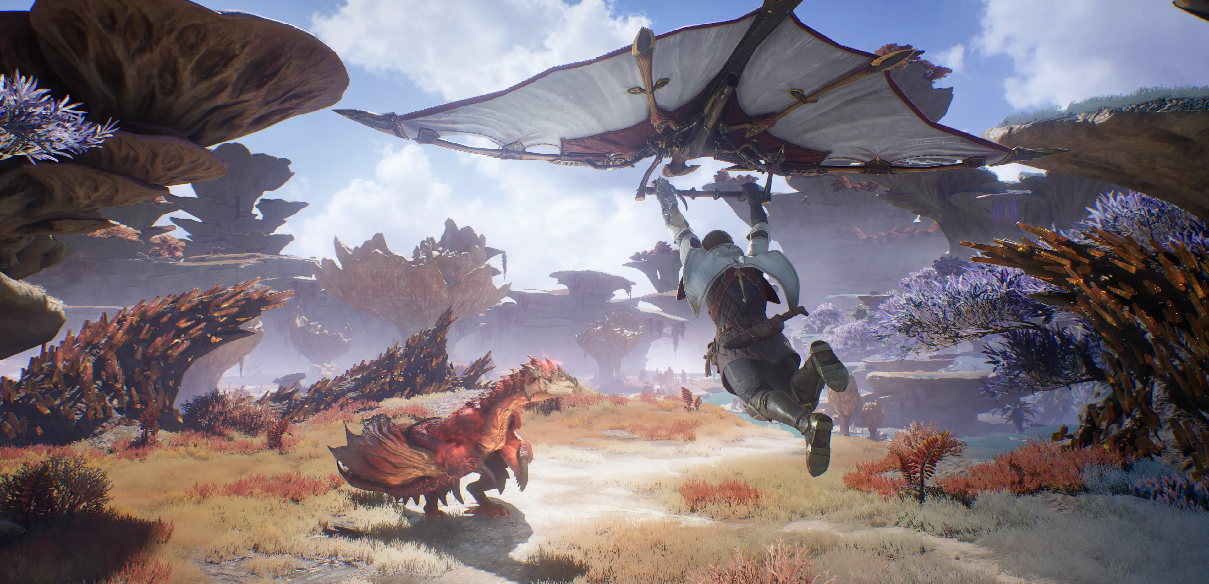 An Adventurer gliding over a dry, rocky region of Aesoland toward a monster on the ground