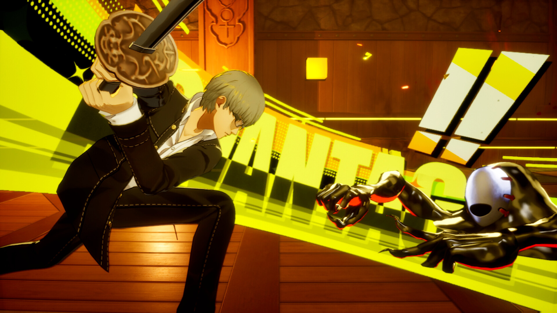 The protagonist swings a katana at a masked black Shadow inside a wooden interior, with a stylised comic-style callout streaking across the screen