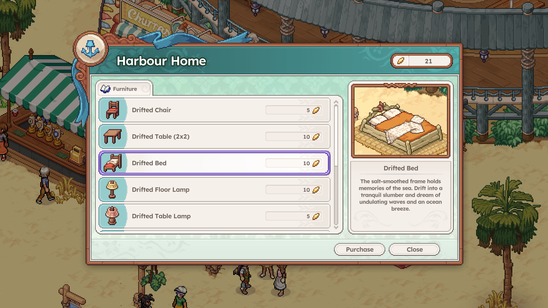 The Harbour Home shop menu open on its Furniture tab, listing the Drifted set: Drifted Chair, Drifted Table (2x2), Drifted Bed, Drifted Floor Lamp and Drifted Table Lamp, with the Drifted Bed selected and its flavour text and preview shown alongside