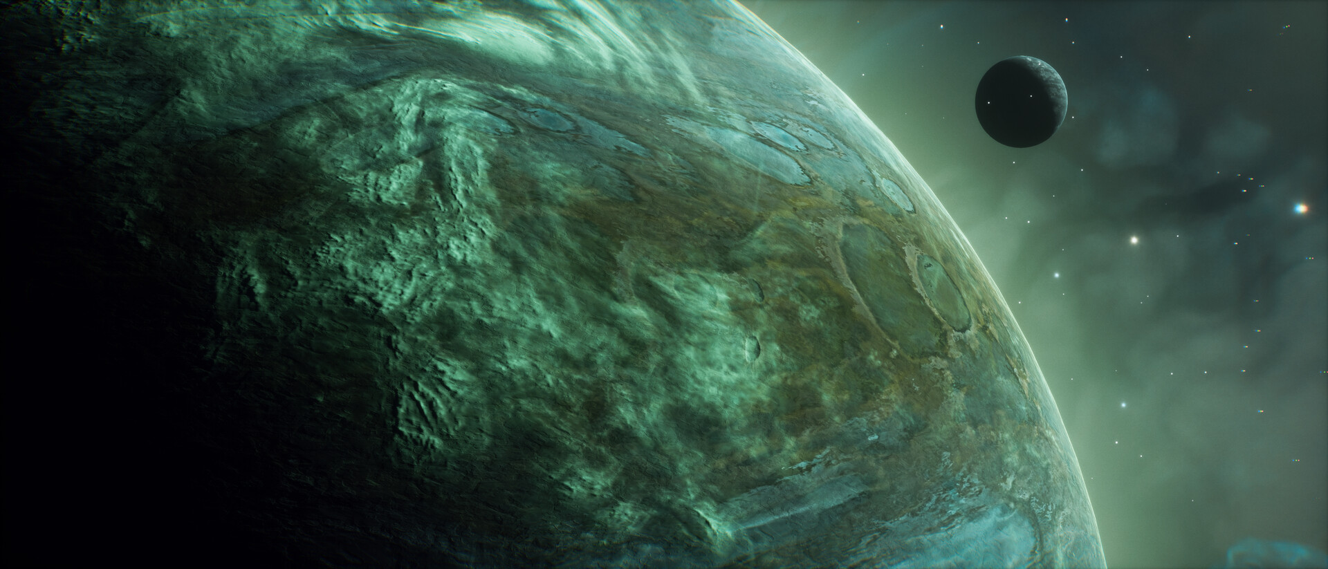 Cinematic view of a green and blue planet with a small cratered moon beyond it, set against a starfield
