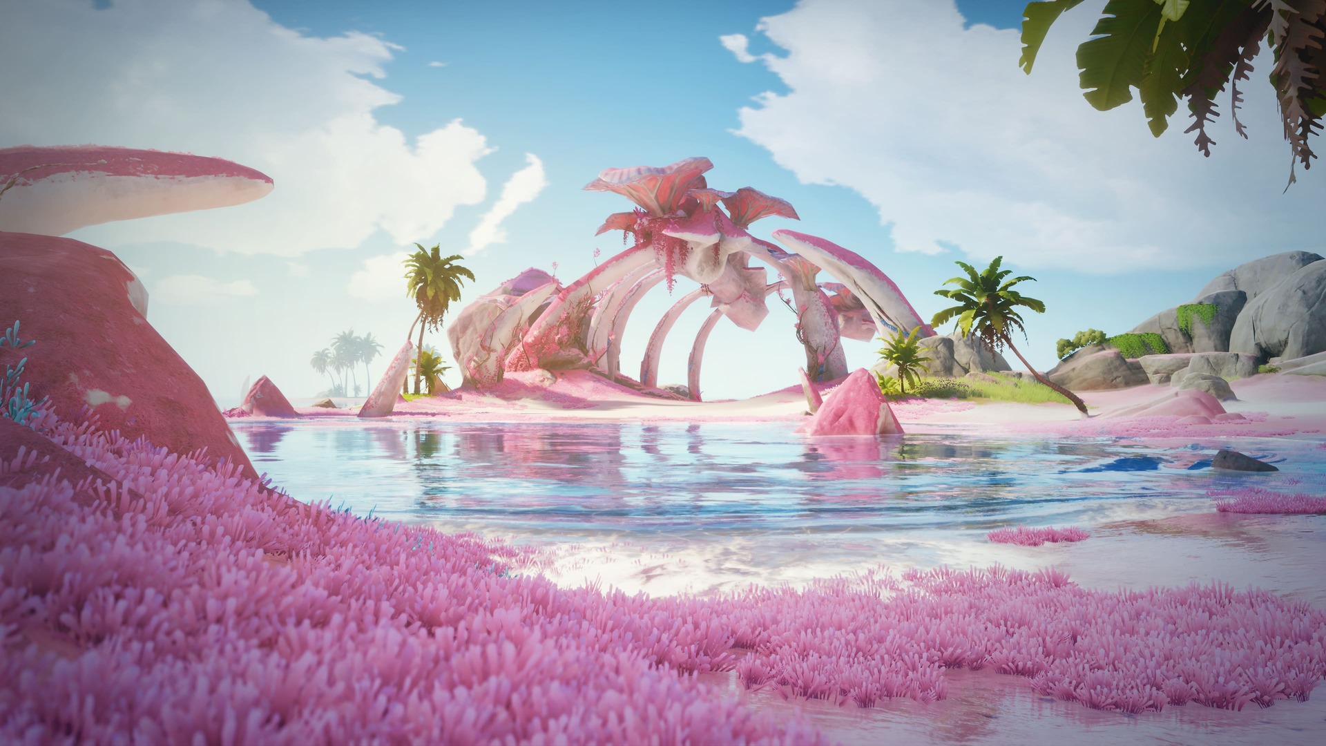 A pink coral shoreline and shallow lagoon at Echoback Landing, with the skeleton of an enormous Aniimo arching over the water