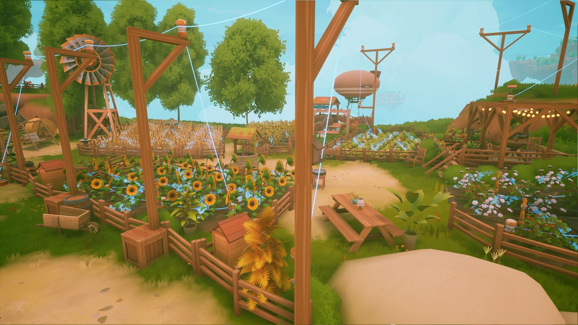 A large irrigated Solarpunk farm of sunflowers, corn, wheat, watermelons and berries under sprinkler spray, with power poles and a windpump crossing the plots