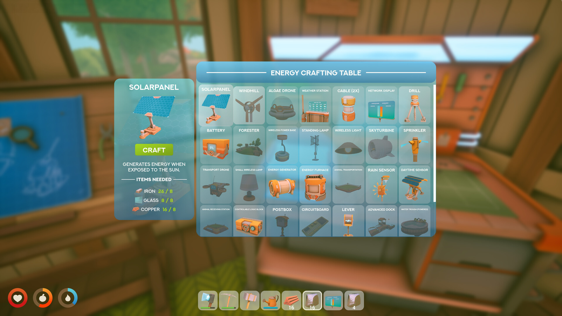 The Solarpunk energy crafting table open on the solar panel recipe, listing its iron, glass and copper cost beside a grid of craftable powered devices