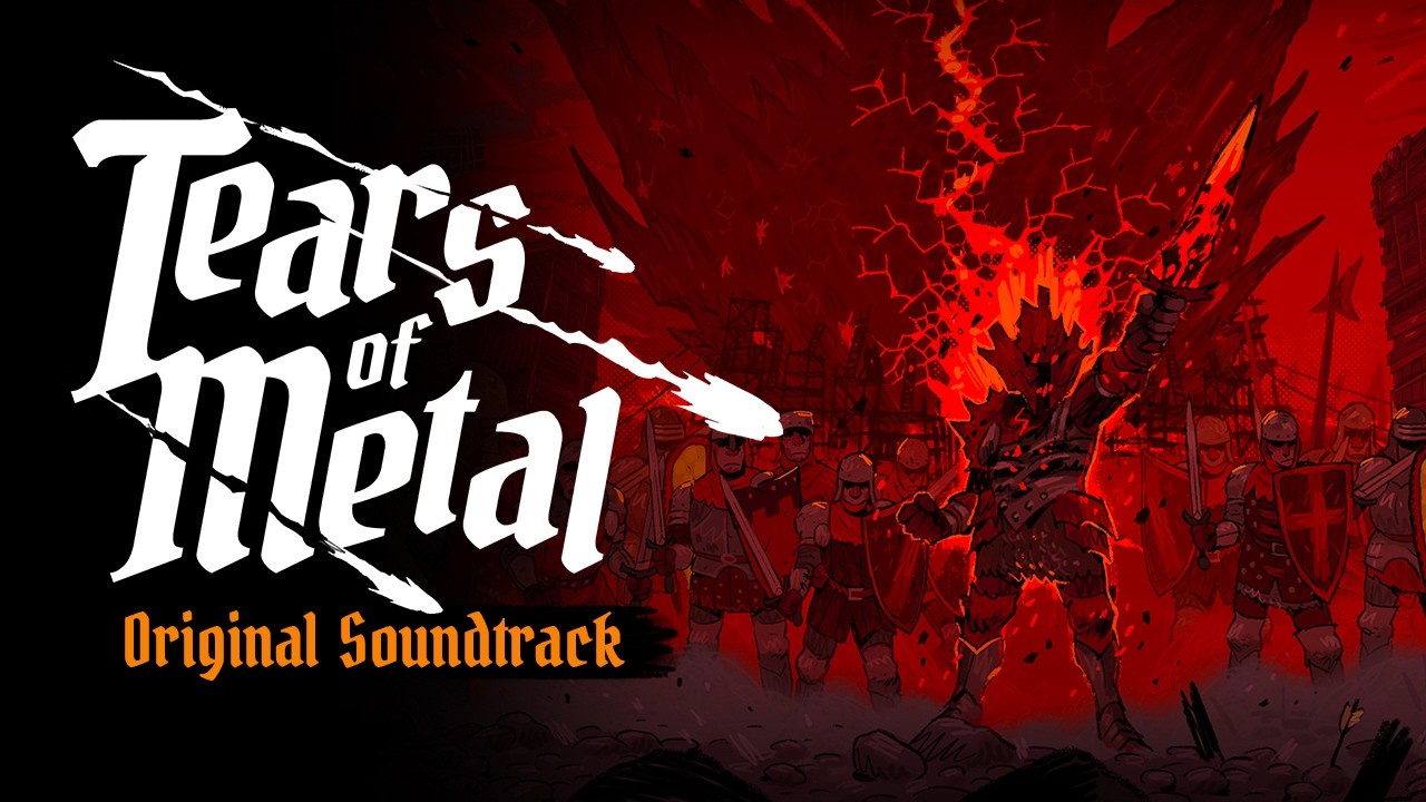 Key art for the Tears of Metal original soundtrack, showing a horned armoured figure raising a sword before a jagged red rift while ranks of enemy soldiers look on