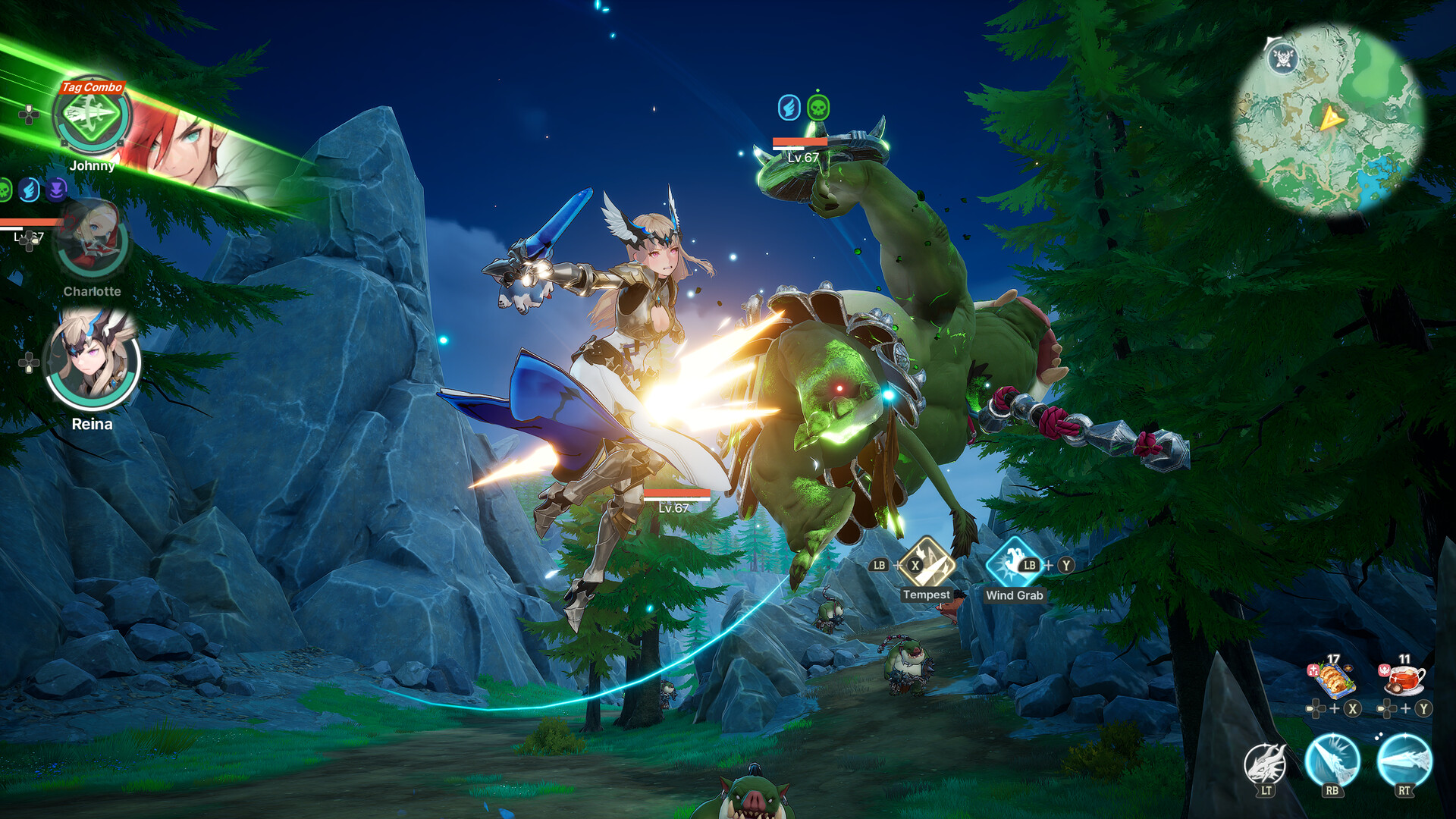 Aerial combat in DragonSword : Awakening with the party bar showing Johnny, Charlotte, and Reina, a green-armoured enemy launched into the air, and the Tempest and Wind Grab skill prompts on screen