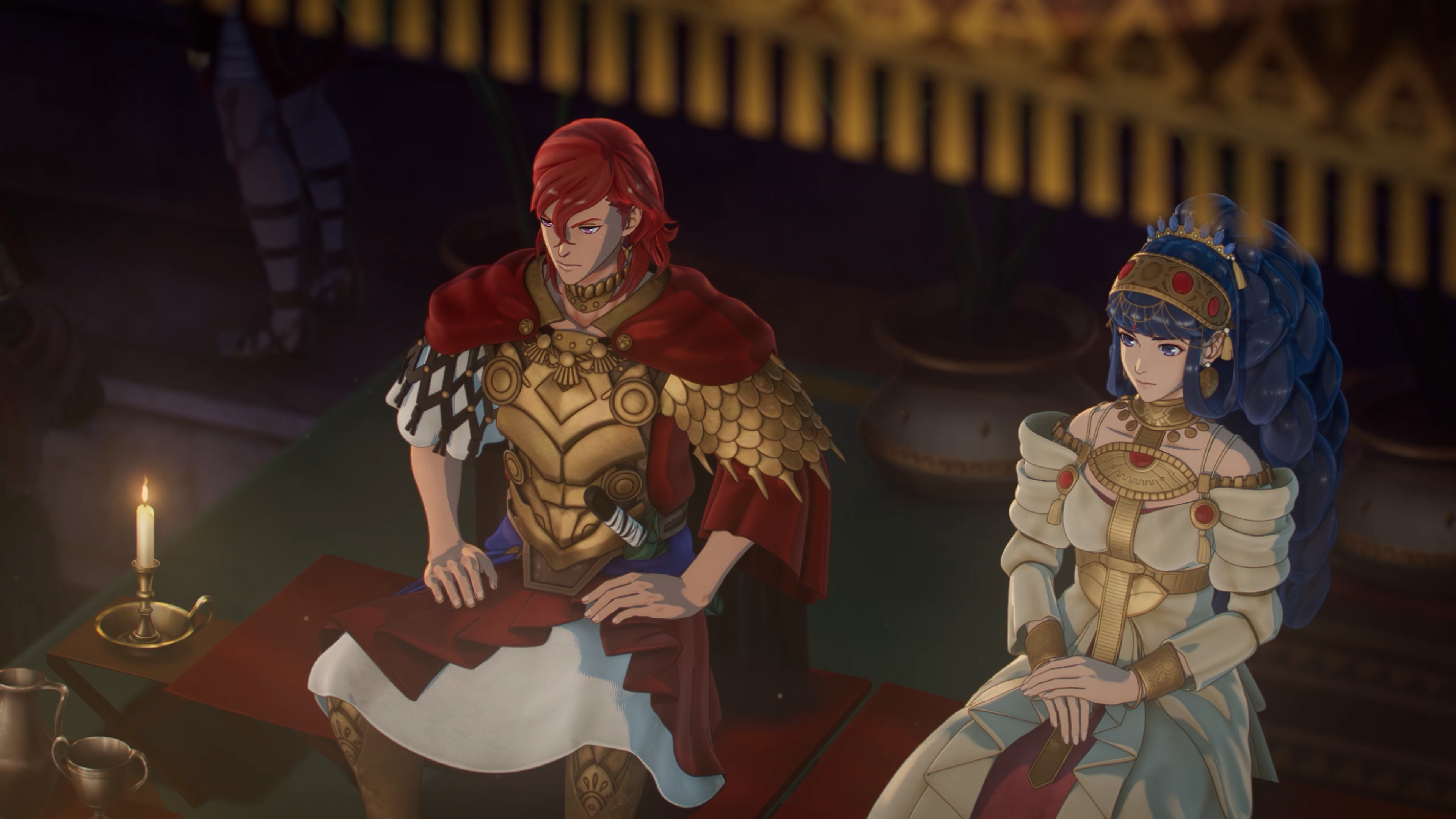 Two seated nobles in gilded armour and a jewelled gown in a candlelit hall