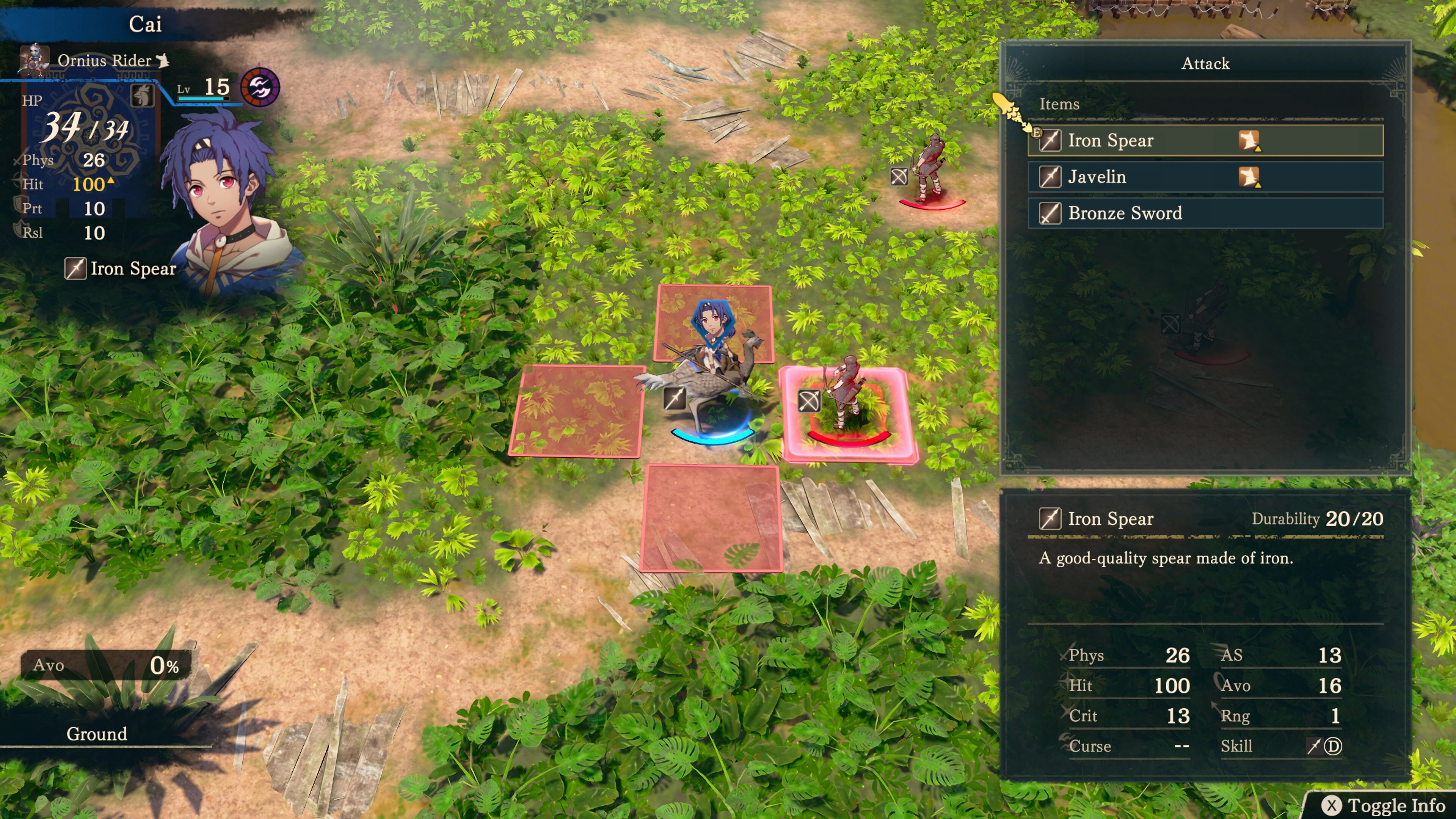 The attack item list open for Cai, showing the Iron Spear's durability, range and stat block