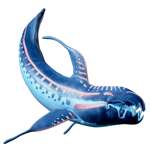 Marrowbreach creature portrait from Subnautica 2 showing its black body, orange flank markings, and luminescent dorsal projection