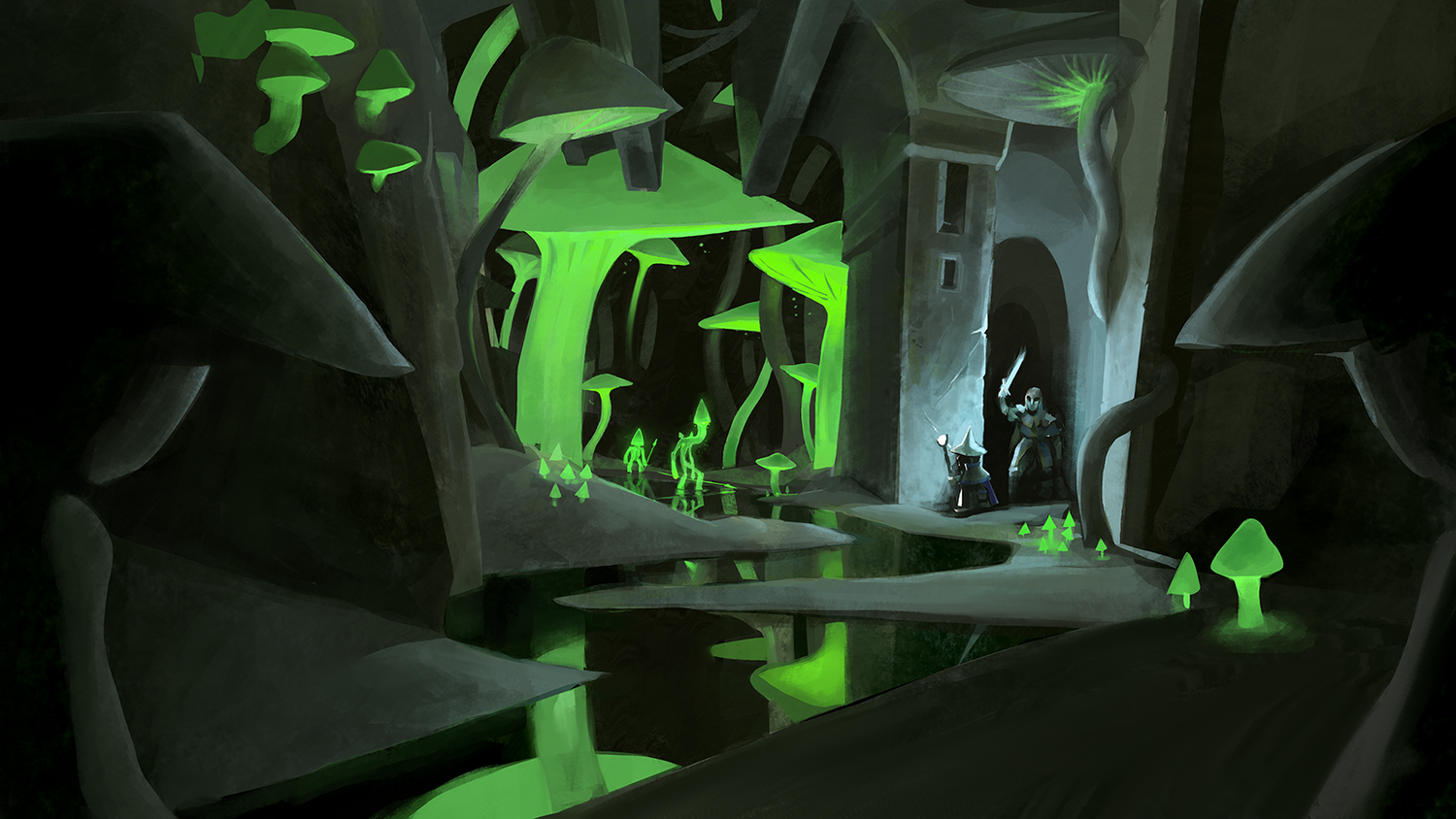 Illustration of an underground settlement lit by towering glowing green mushrooms