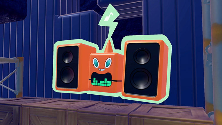 DJ Rotom (Stereo Rotom) playing music at an event venue with speakers and musical notes