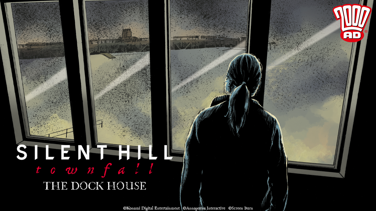 The Dock House comic key art: a figure at the dock house window looking out over the harbour