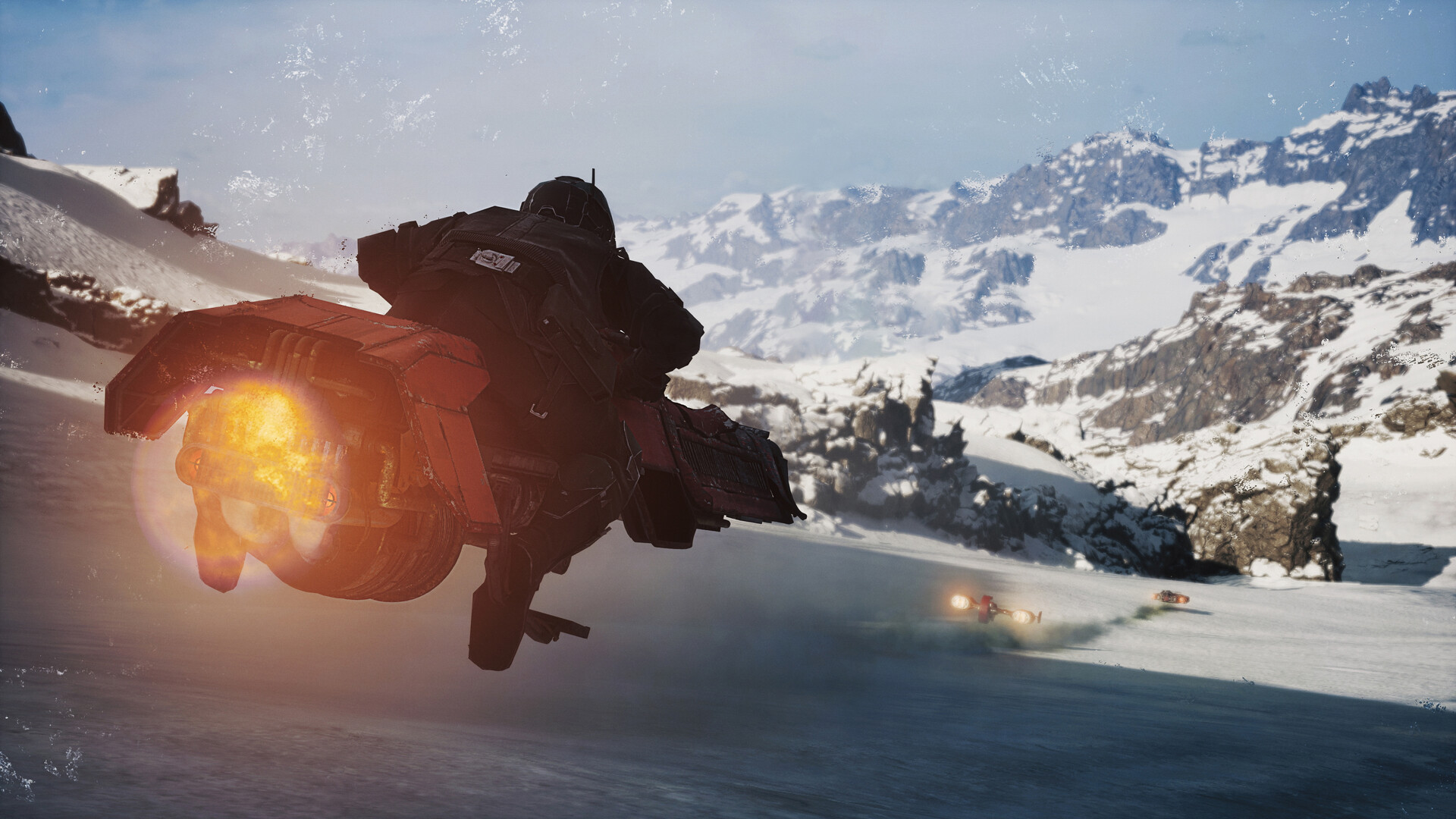Rider crouched low on a red speeder bike above a sunlit Ando Prime snowfield