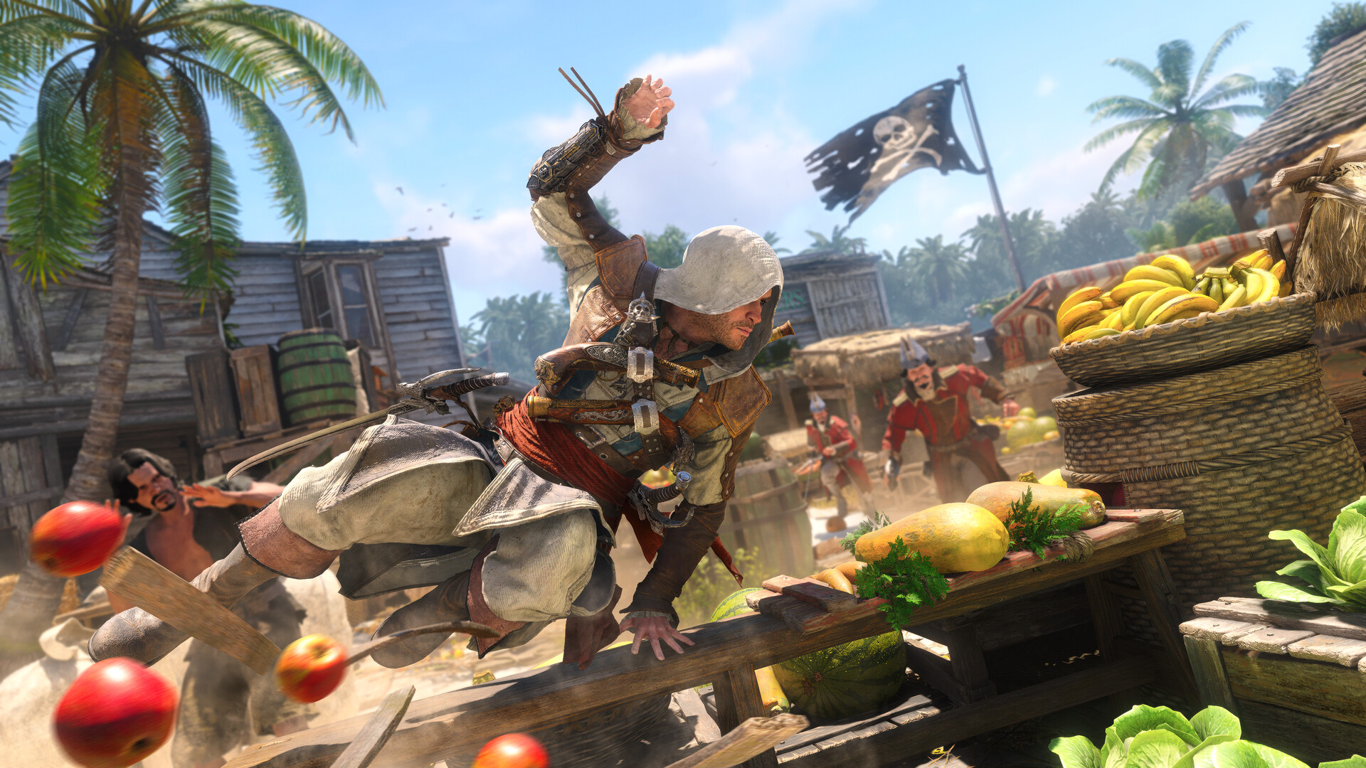 Edward Kenway vaulting a market stall while fleeing soldiers through a coastal settlement