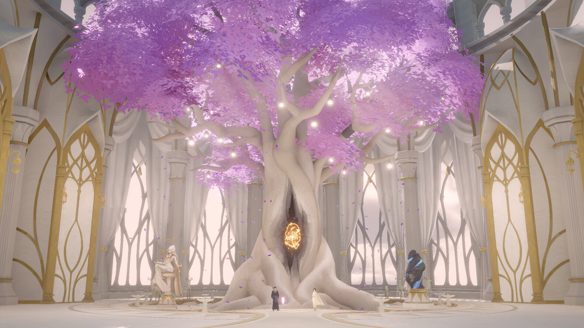 Ember and Blade view of the Arbor, a vast pink-canopied tree with a glowing seal in its trunk, inside a white and gold sanctuary hall