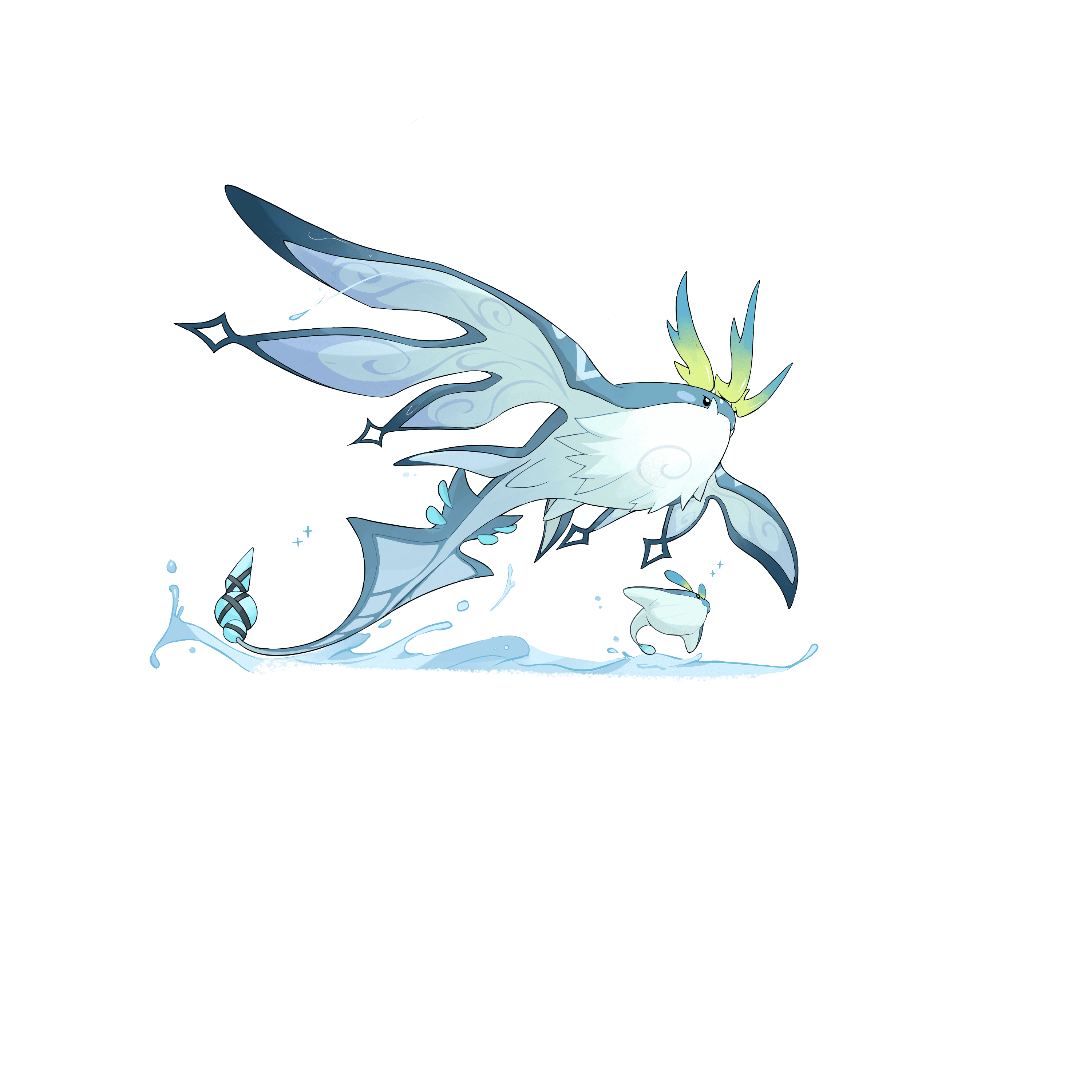 Staray, a pale blue winged Kibo with a crystal tail skimming over water