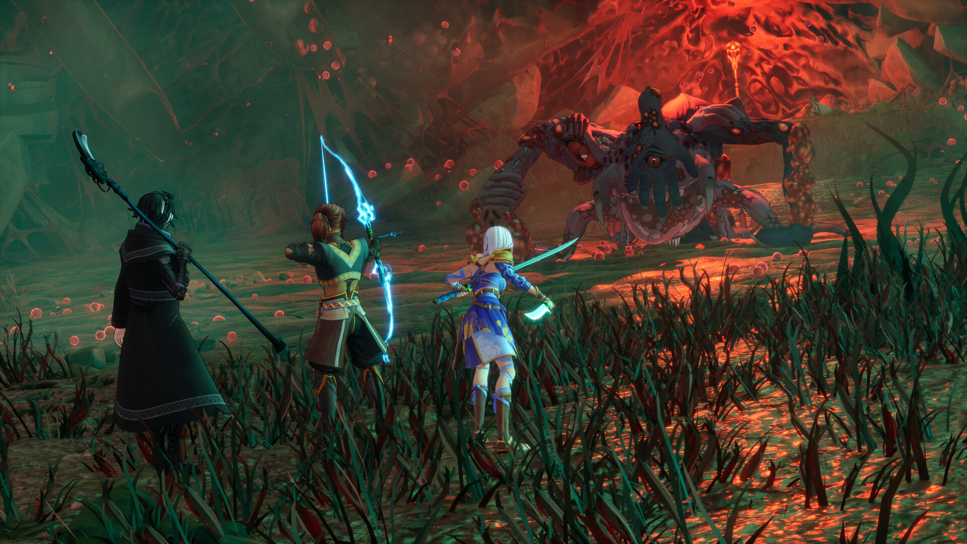 Eline and her companions facing a large Corroded creature in a red-lit swamp