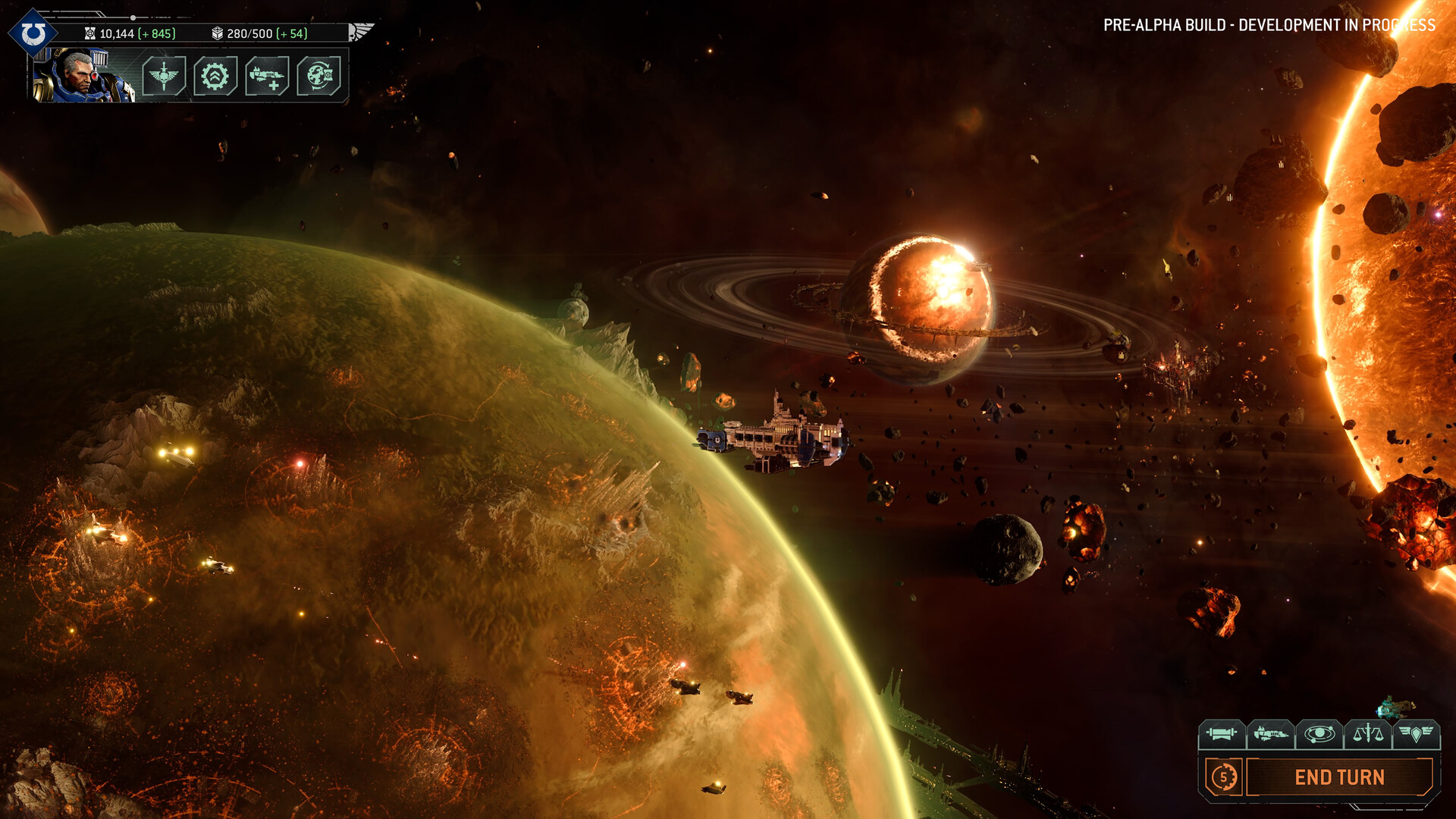 The in-system campaign view, with an Imperial capital ship approaching a settled world and a ringed molten planet closer to the star