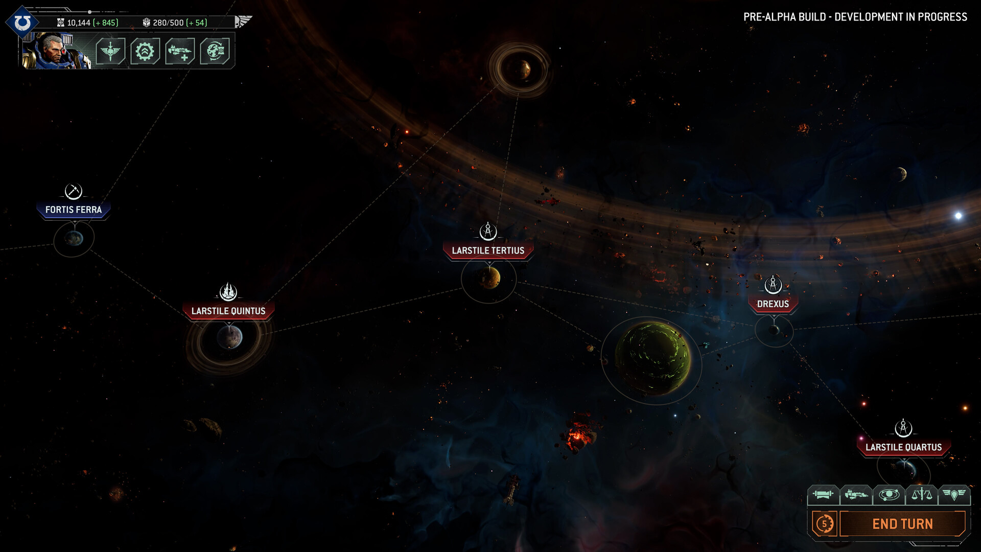 The campaign star system view, showing several named worlds linked by star lanes alongside resource totals, a commander portrait and an end turn control