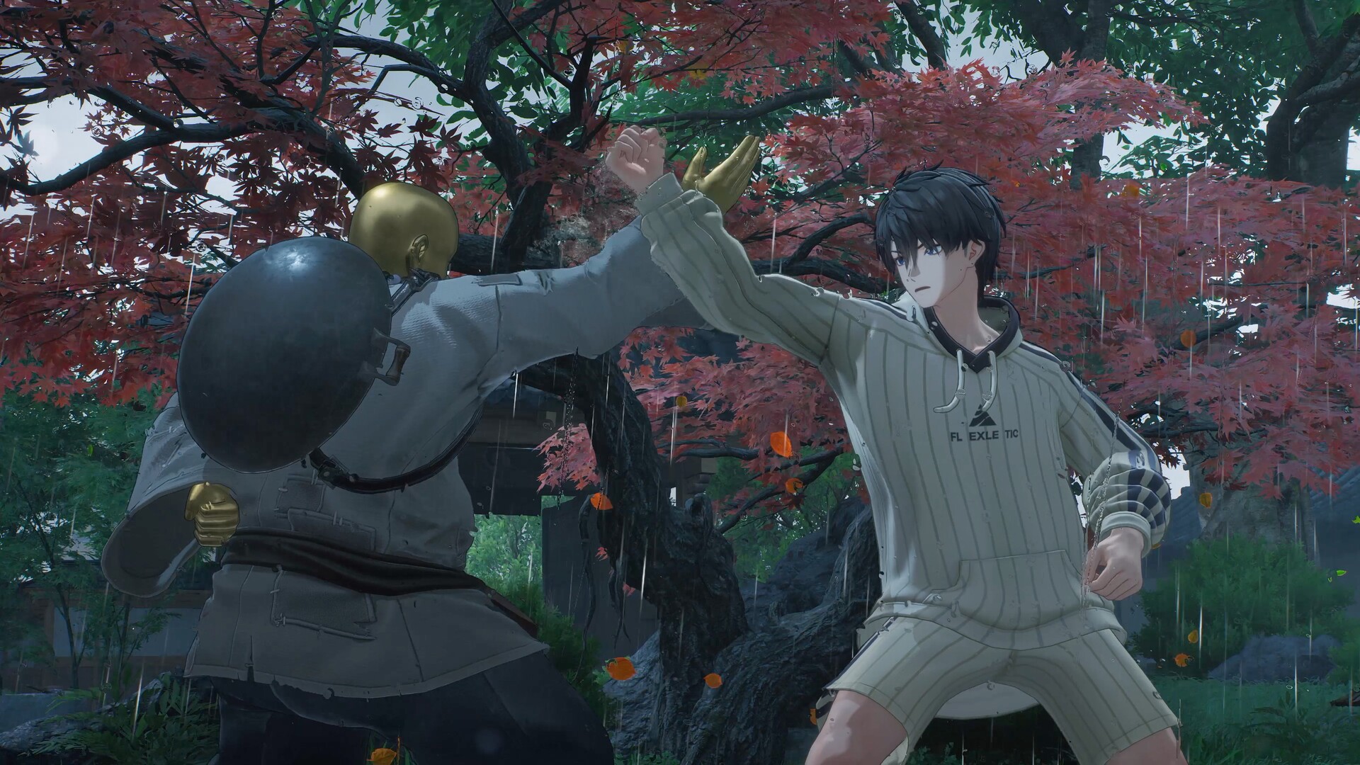 Blocking a masked opponent's strike in the rain beneath a red maple in a traditional courtyard