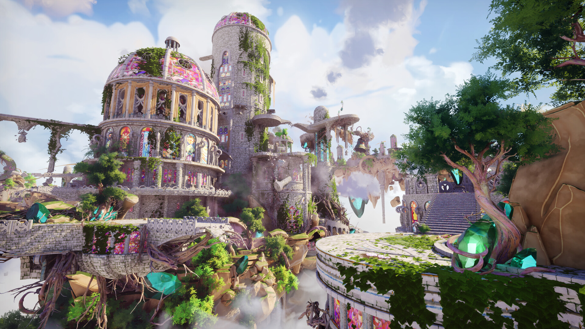 Ruined city towers and domes overgrown with plants and green crystals