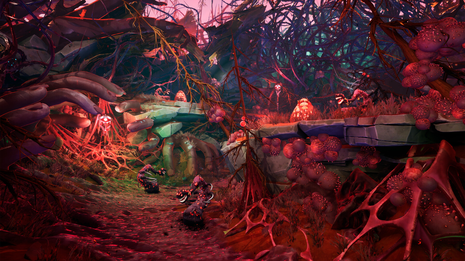 A forest path overgrown with red Corrosion growths