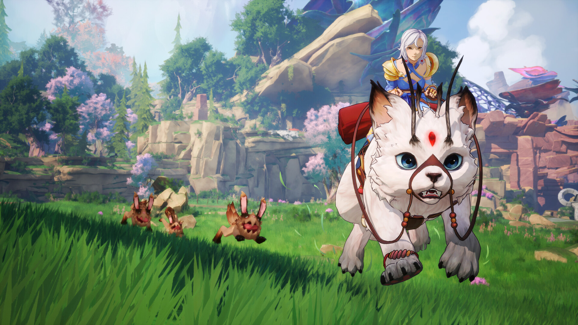 Eline riding a white Nekaroo across a grassy meadow