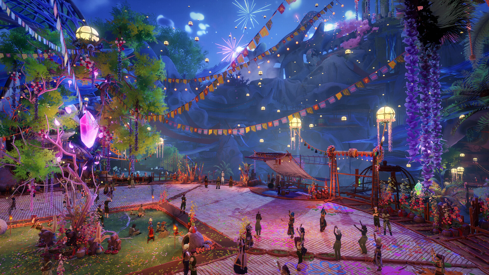 A town square at night decorated with lanterns, banners and fireworks