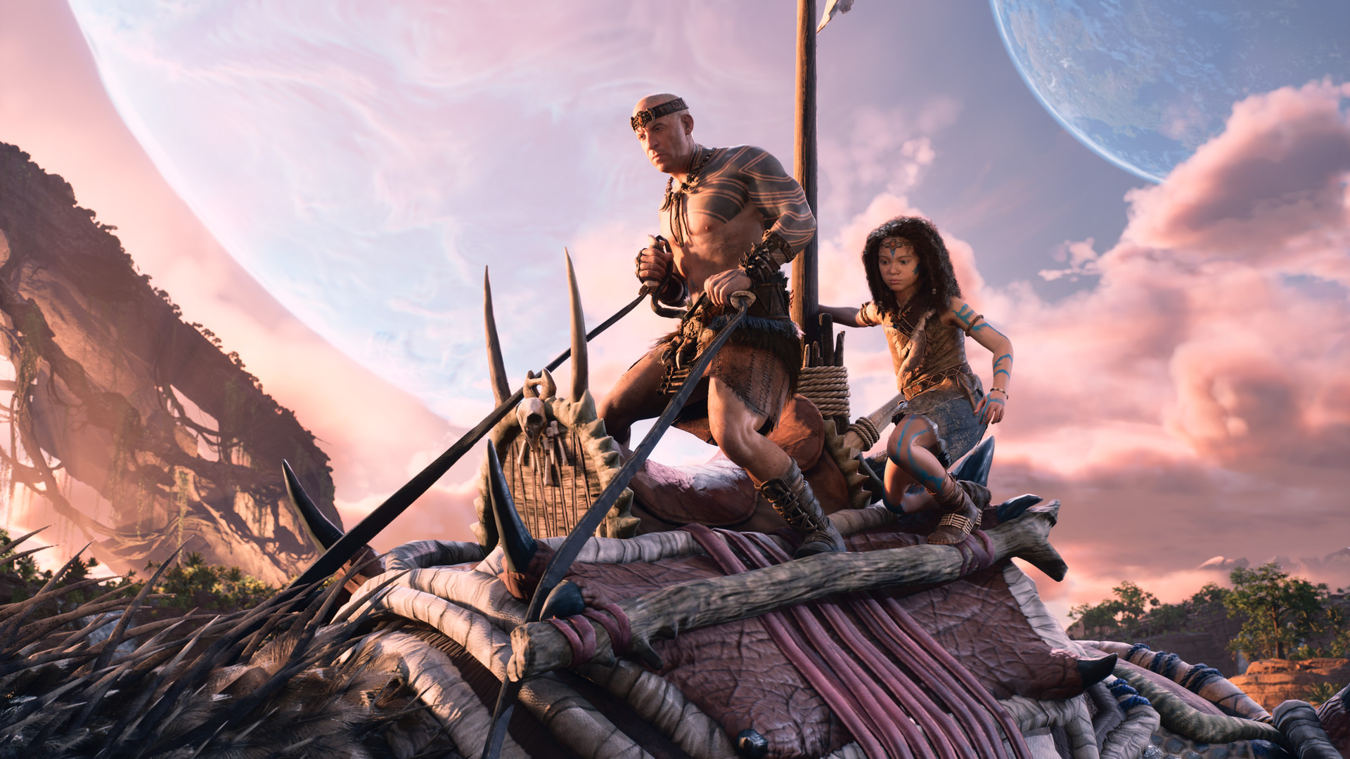 Cinematic still of the Aratai - the antagonist faction of sentient orc-like dinosaur tamers native to the alien planet
