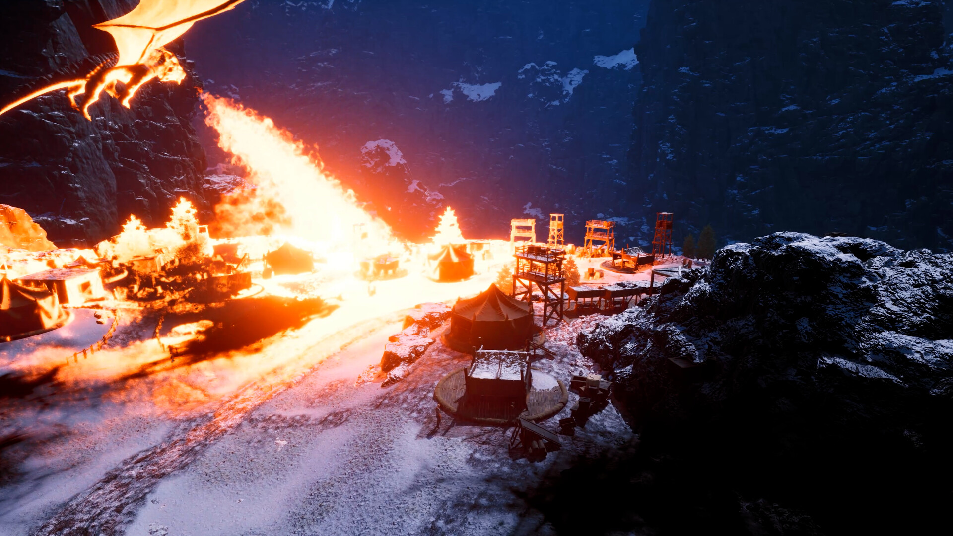 A dragon breathes fire across a snowy enemy camp at night