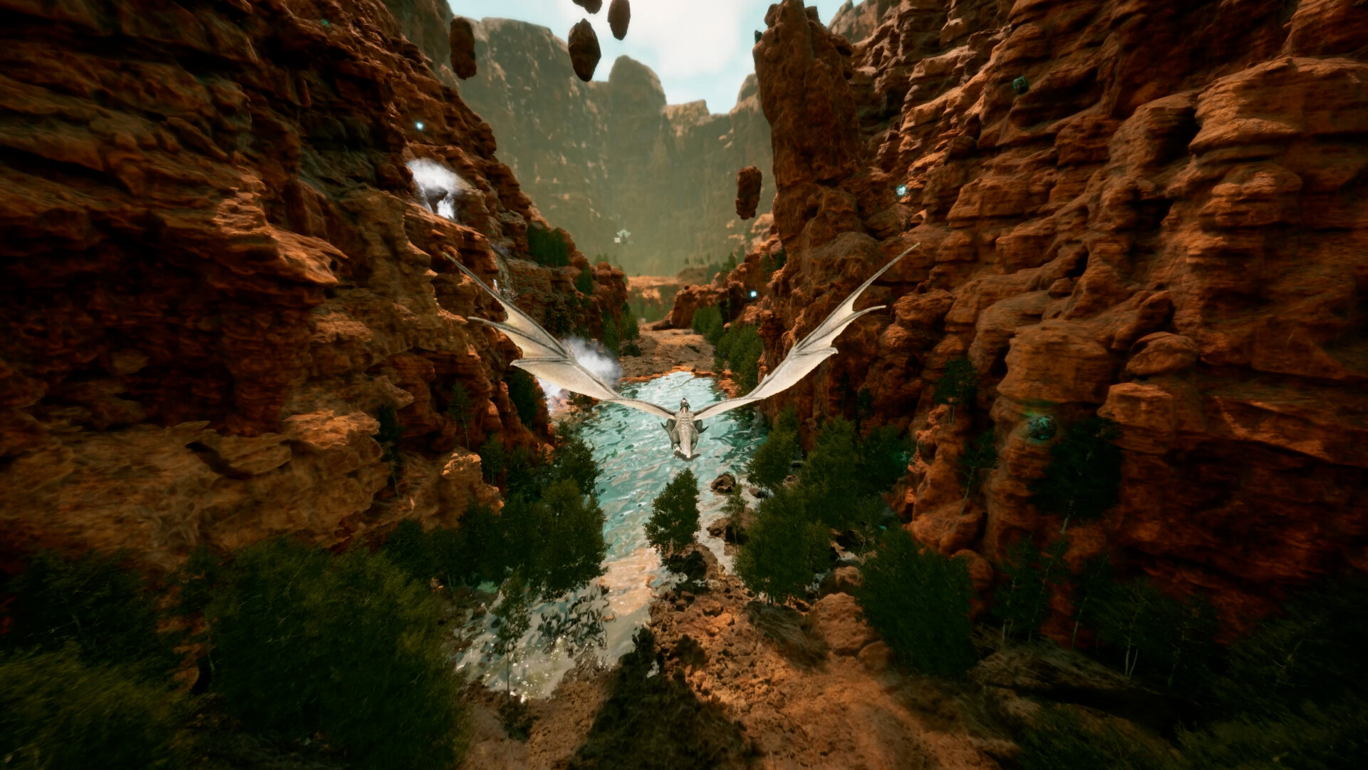 A pale dragon flies low through a red rock canyon above a river